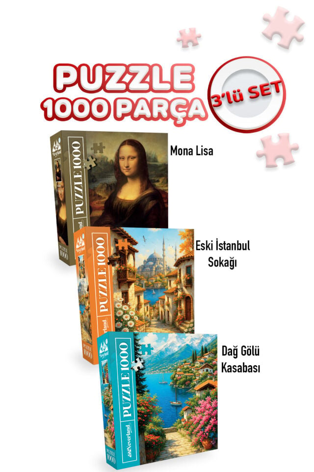 3 ADET 1000 PARÇA PUZZLE - MONA LISA VE ESKİ İSTANBUL SOKAĞI VE DAĞ GÖLÜ KASABASI