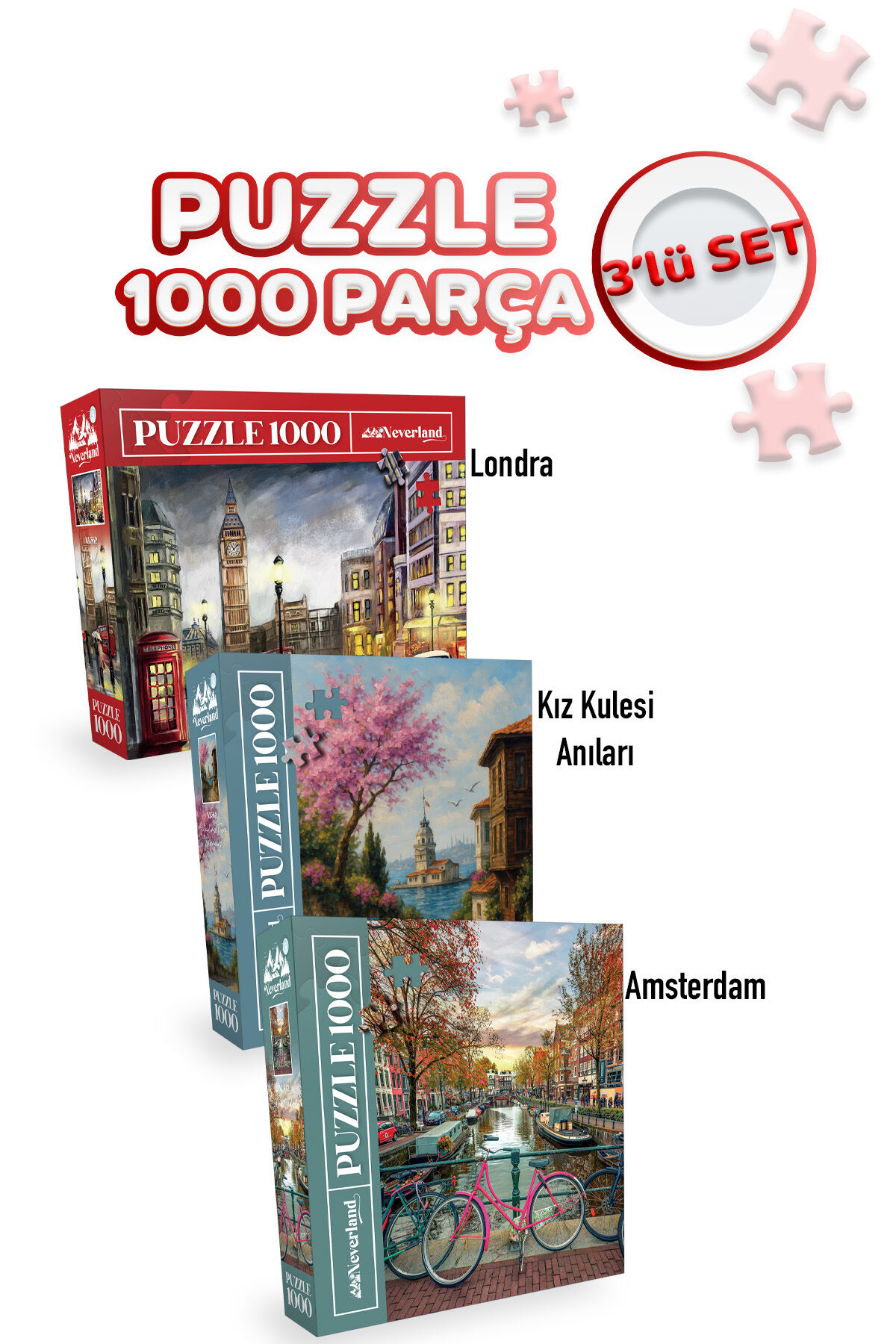 3 ADET 1000 PARÇA PUZZLE - LONDON VE KIZ KULESİ ANILARI VE AMSTERDAM