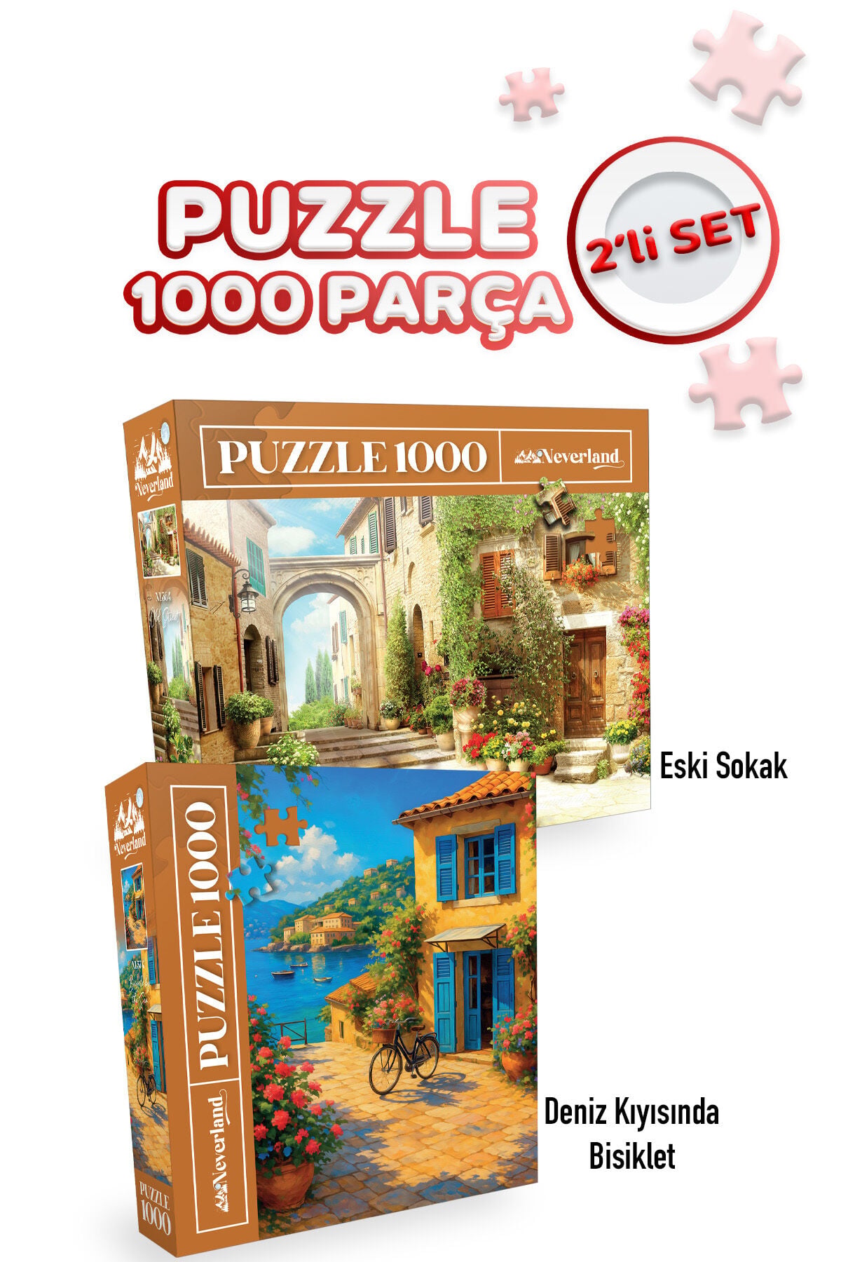 2 ADET 1000 PARÇA PUZZLE- ESKİ SOKAK VE DENİZ KIYISINDA BİSİKLET