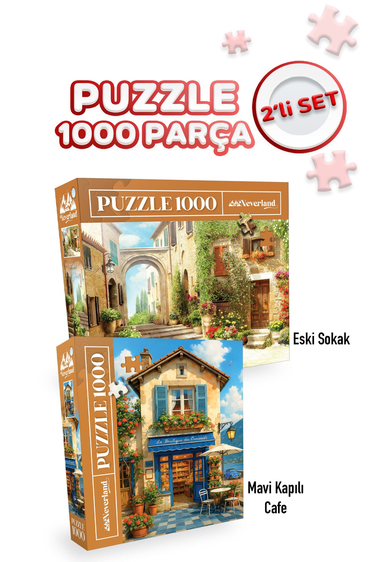 2 ADET 1000 PARÇA PUZZLE- ESKİ SOKAK VE MAVİ KAPILI KAFE