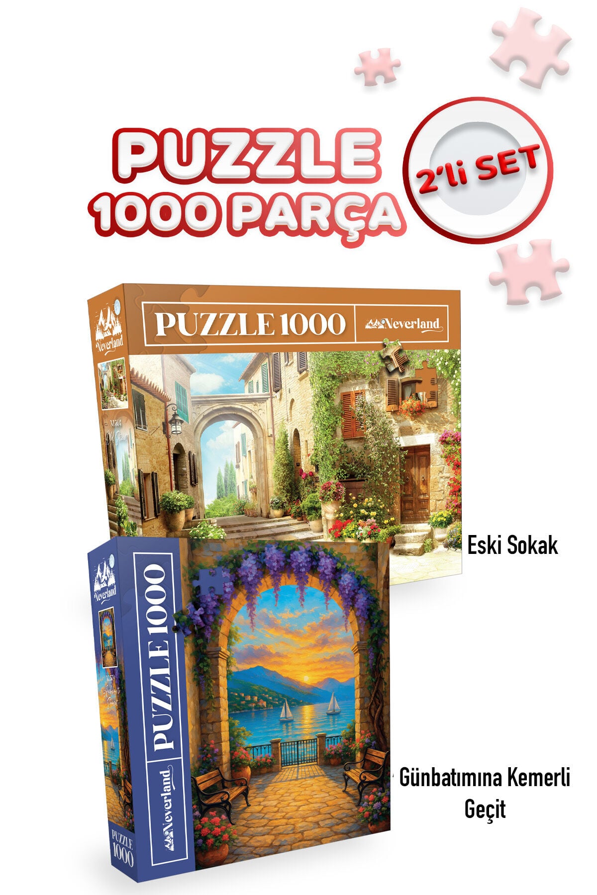 2 ADET 1000 PARÇA PUZZLE- ESKİ SOKAK VE GÜNBATIMINA KEMERLİ GEÇİT