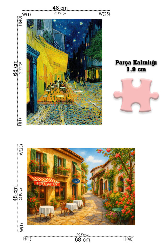 2 ADET 1000 PARÇA PUZZLE- KAFE TERASTA GECE VE GÜNEŞLİ KAFE SOKAĞI