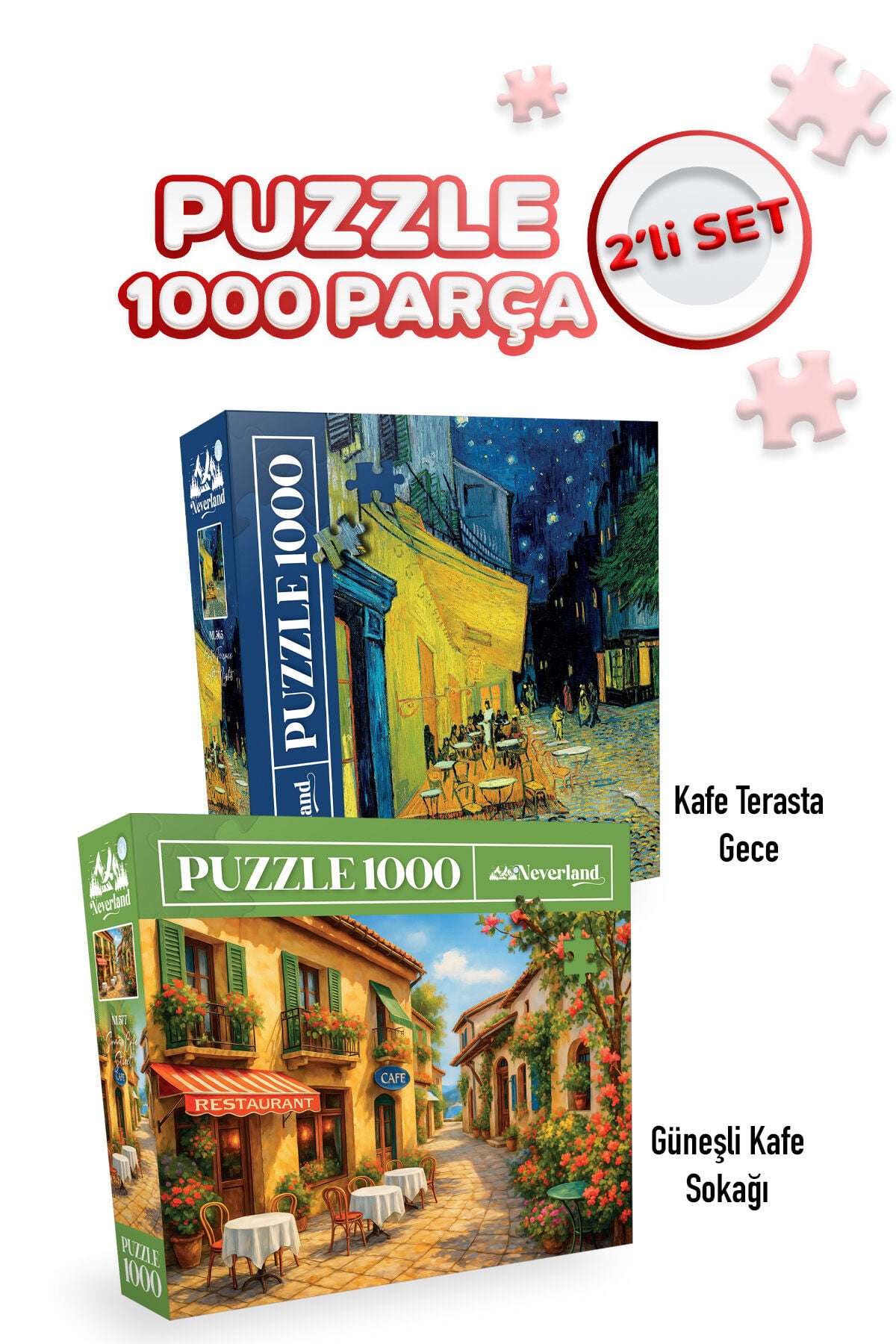 2 ADET 1000 PARÇA PUZZLE- KAFE TERASTA GECE VE GÜNEŞLİ KAFE SOKAĞI