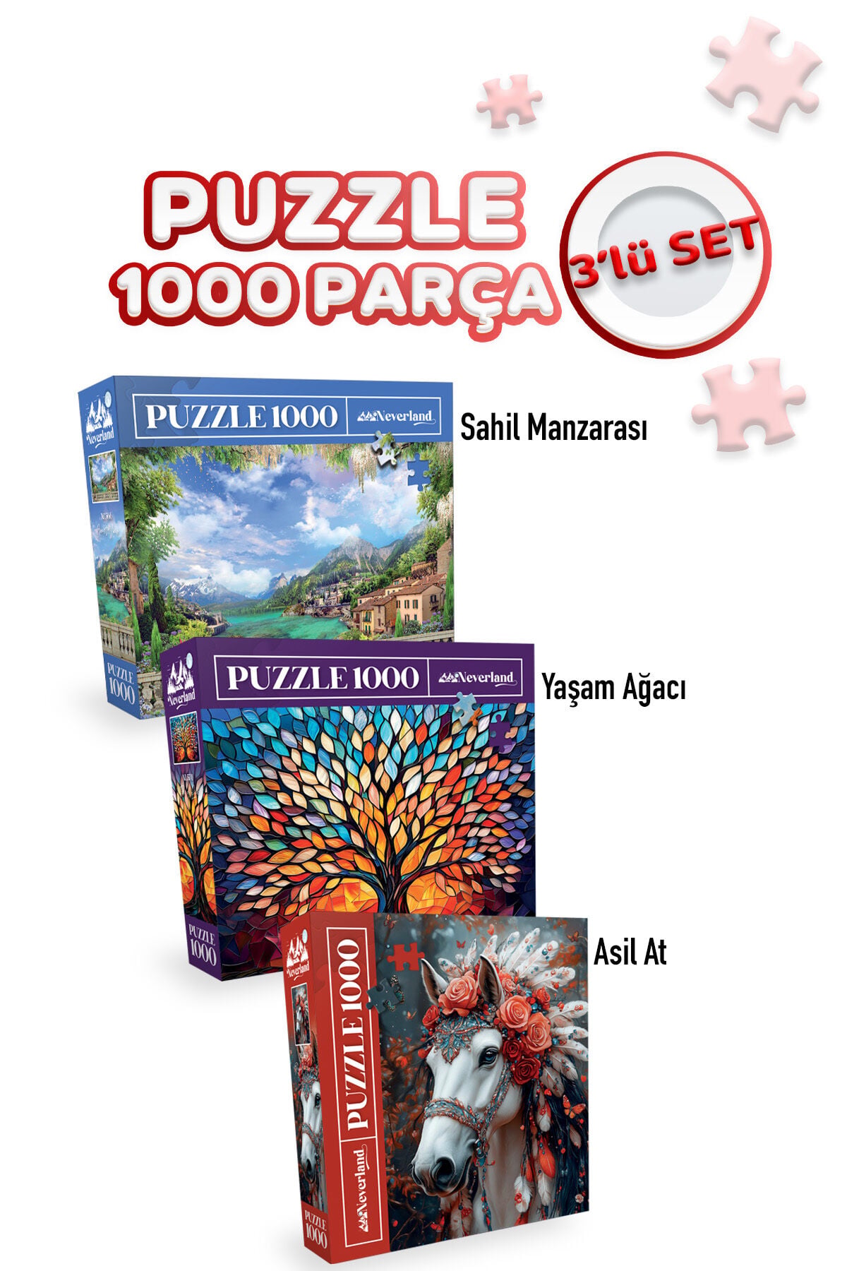 3 ADET 1000 PARÇA PUZZLE - SAHİL MANZARAS VE YAŞAM AĞACI VE ASİL AT
