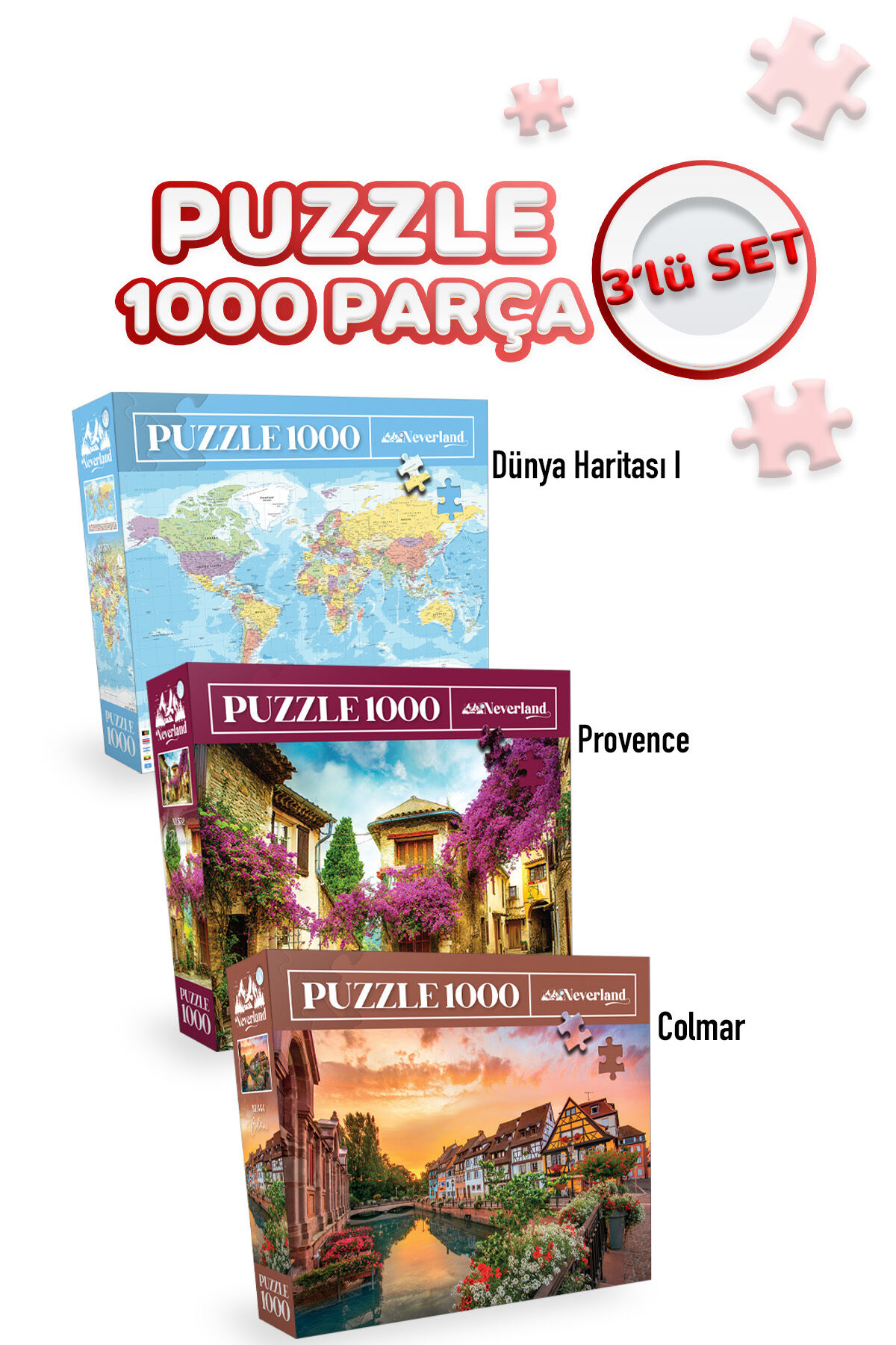 3 ADET 1000 PARÇA PUZZLE - DÜNYA HARİTASI-I VE PROVENCE VE COLMAR
