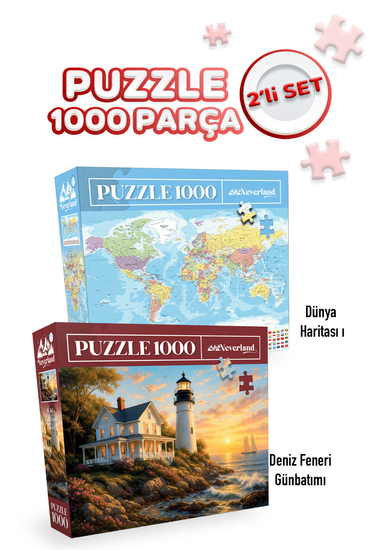 2 ADET 1000 PARÇA PUZZLE- DÜNYA HARİTASI-I VE DENİZ FENERİ GÜNBATIMI
