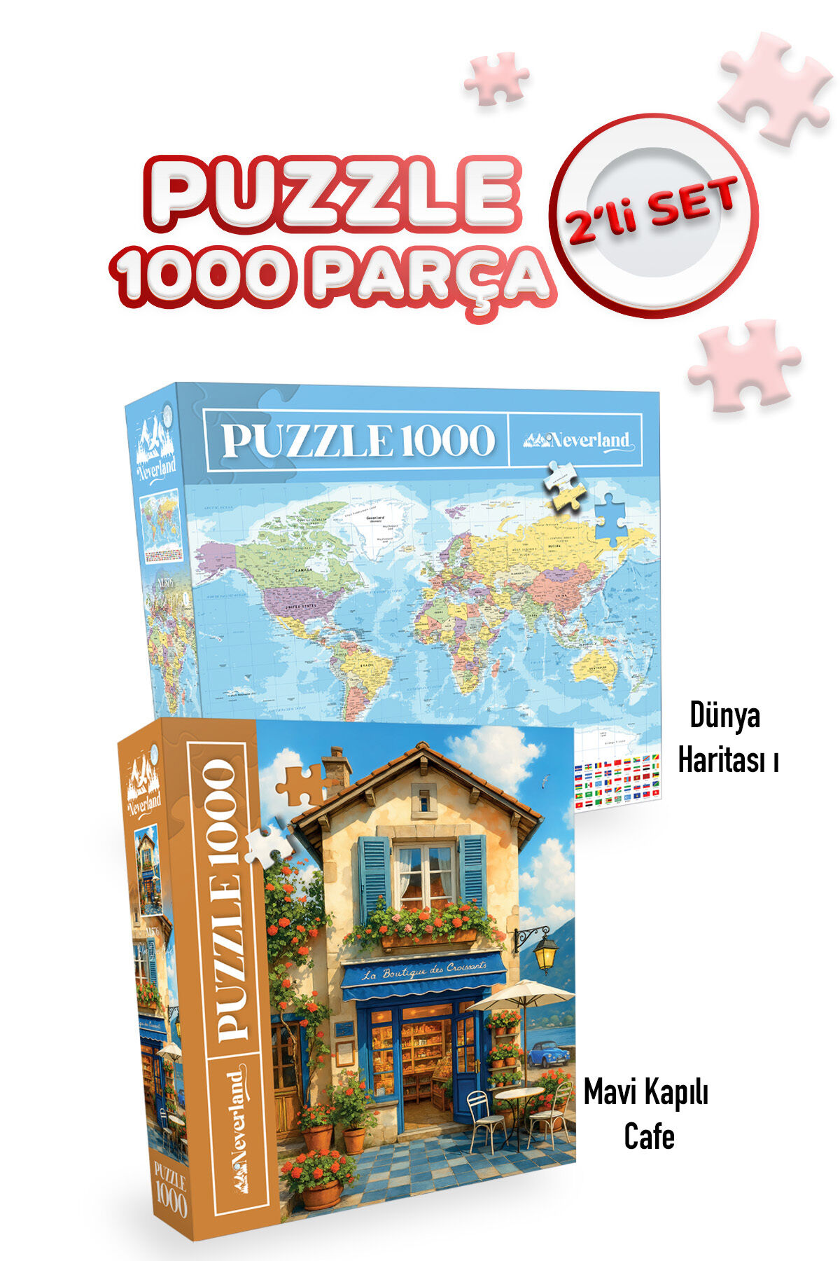 2 ADET 1000 PARÇA PUZZLE- DÜNYA HARİTASI-I VE MAVİ KAPILI KAFE