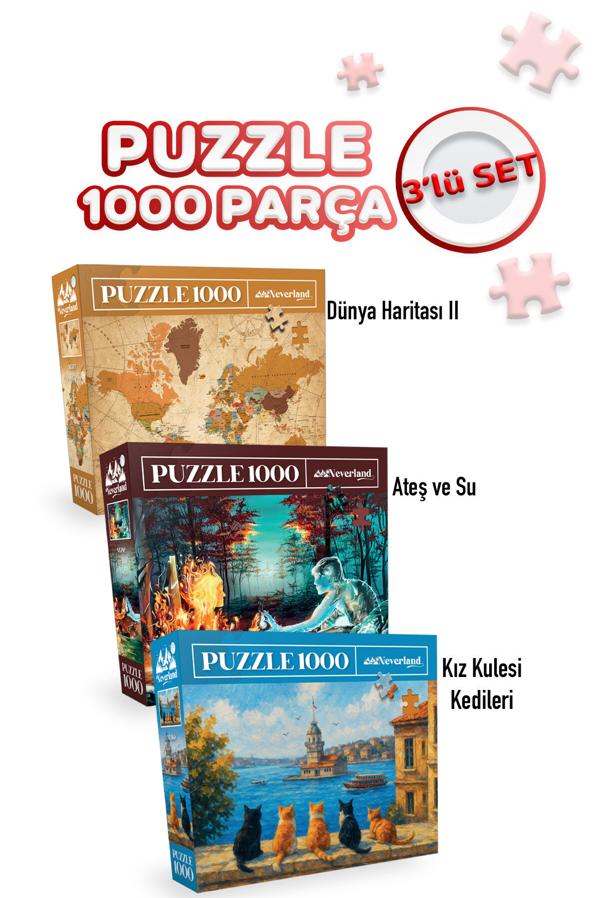 3 ADET 1000 PARÇA PUZZLE - DÜNYA HARİTASI-II VE ATEŞ VE SU VE KIZ KULESİ KEDİLERİ