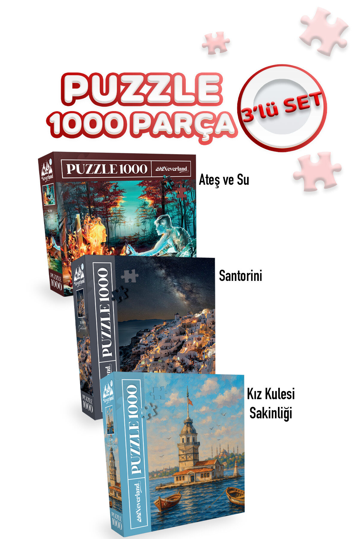 3 ADET 1000 PARÇA PUZZLE - ATEŞ VE SU VE SANTORINI VE KIZ KULESİ SAKİNLİĞİ