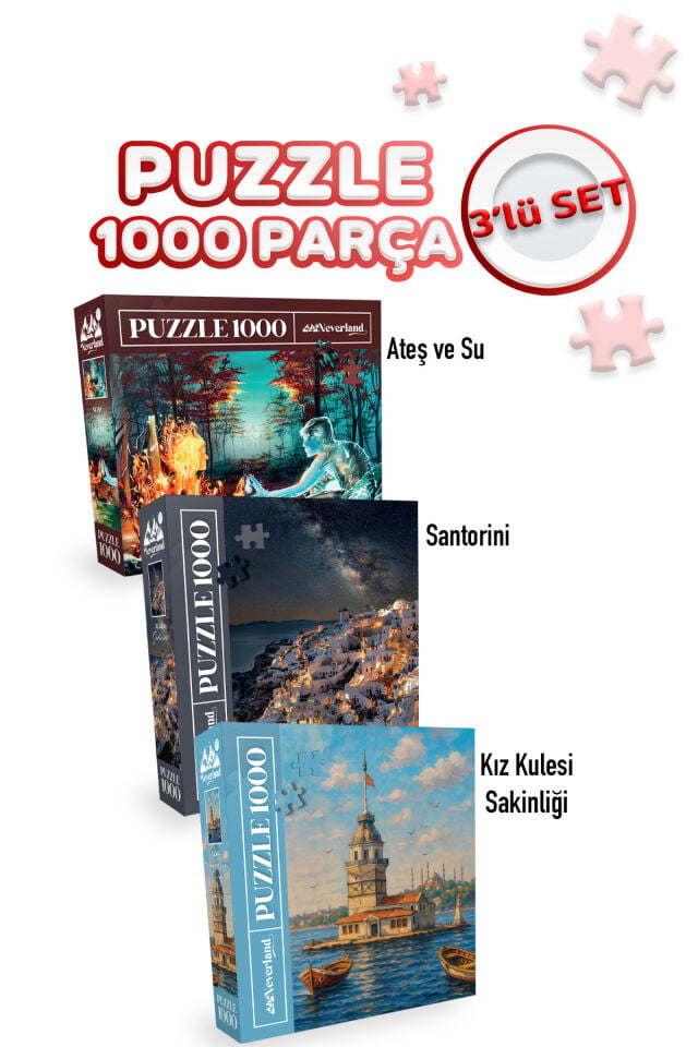 3 ADET 1000 PARÇA PUZZLE - ATEŞ VE SU VE SANTORINI VE KIZ KULESİ SAKİNLİĞİ