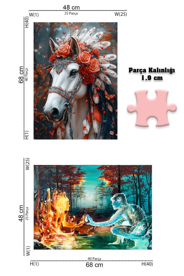 2 ADET 1000 PARÇA PUZZLE- ATEŞ VE SU VE ASİL AT