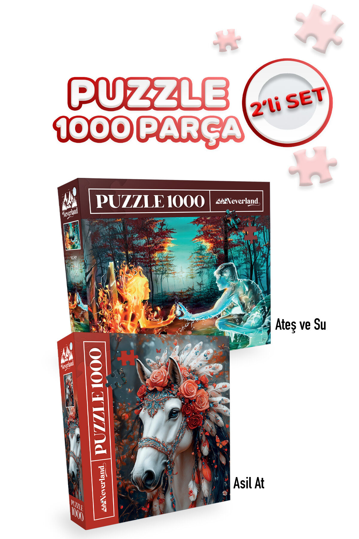 2 ADET 1000 PARÇA PUZZLE- ATEŞ VE SU VE ASİL AT