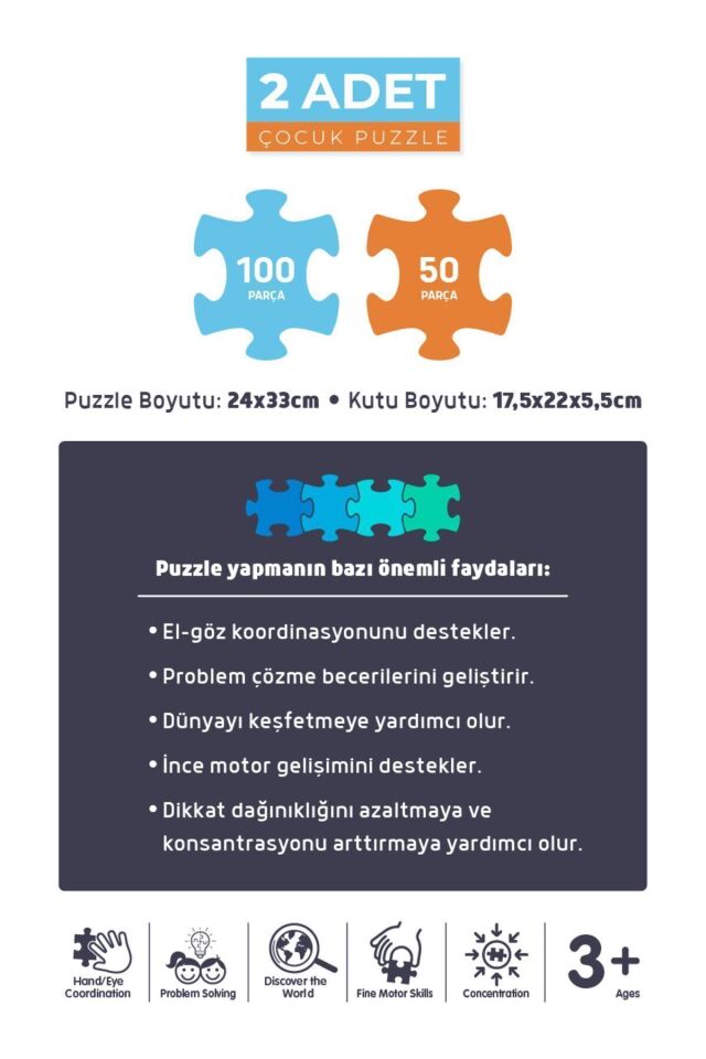 2'li Çocuk Yapboz - 100 Parça Hayvan Dünya Haritası Ve 50 Parça Sonbahar Ormanı