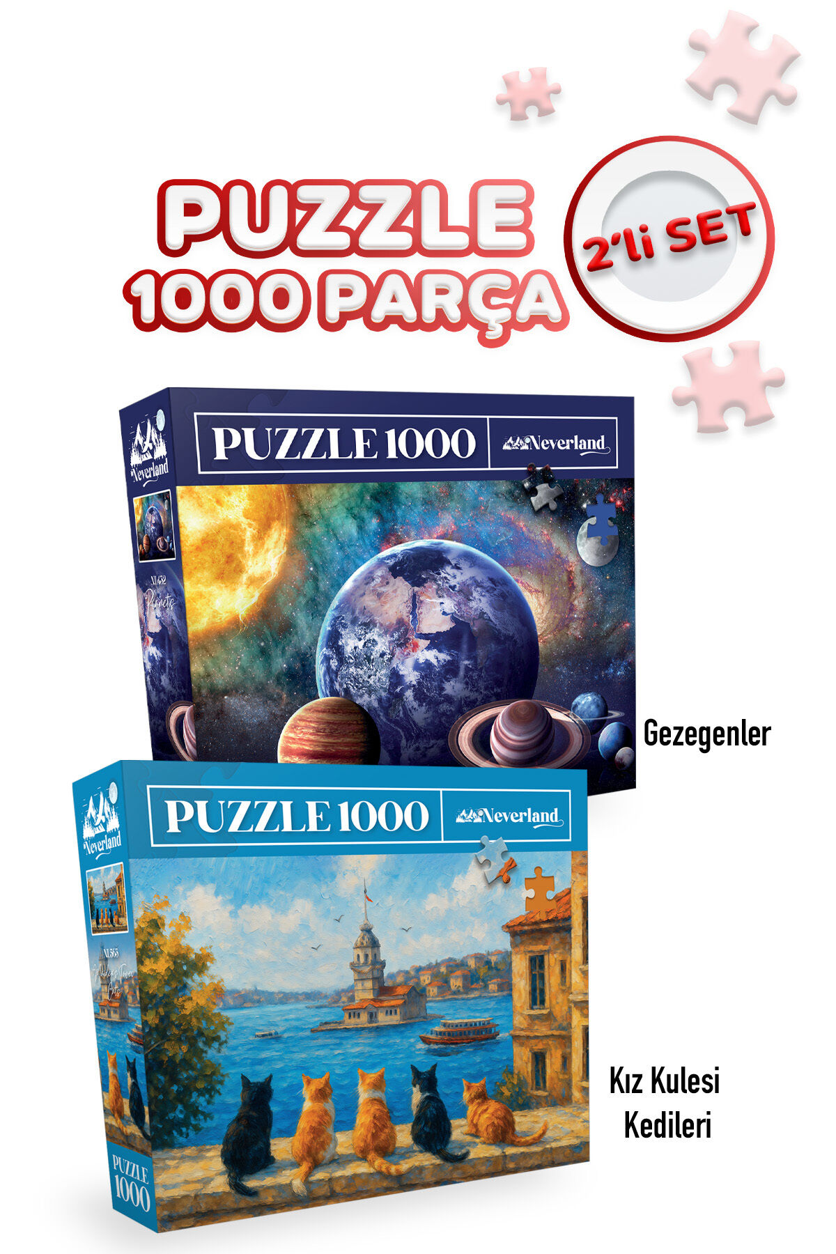 2 ADET 1000 PARÇA PUZZLE- GEZEGENLER VE KIZ KULESİ KEDİLERİ