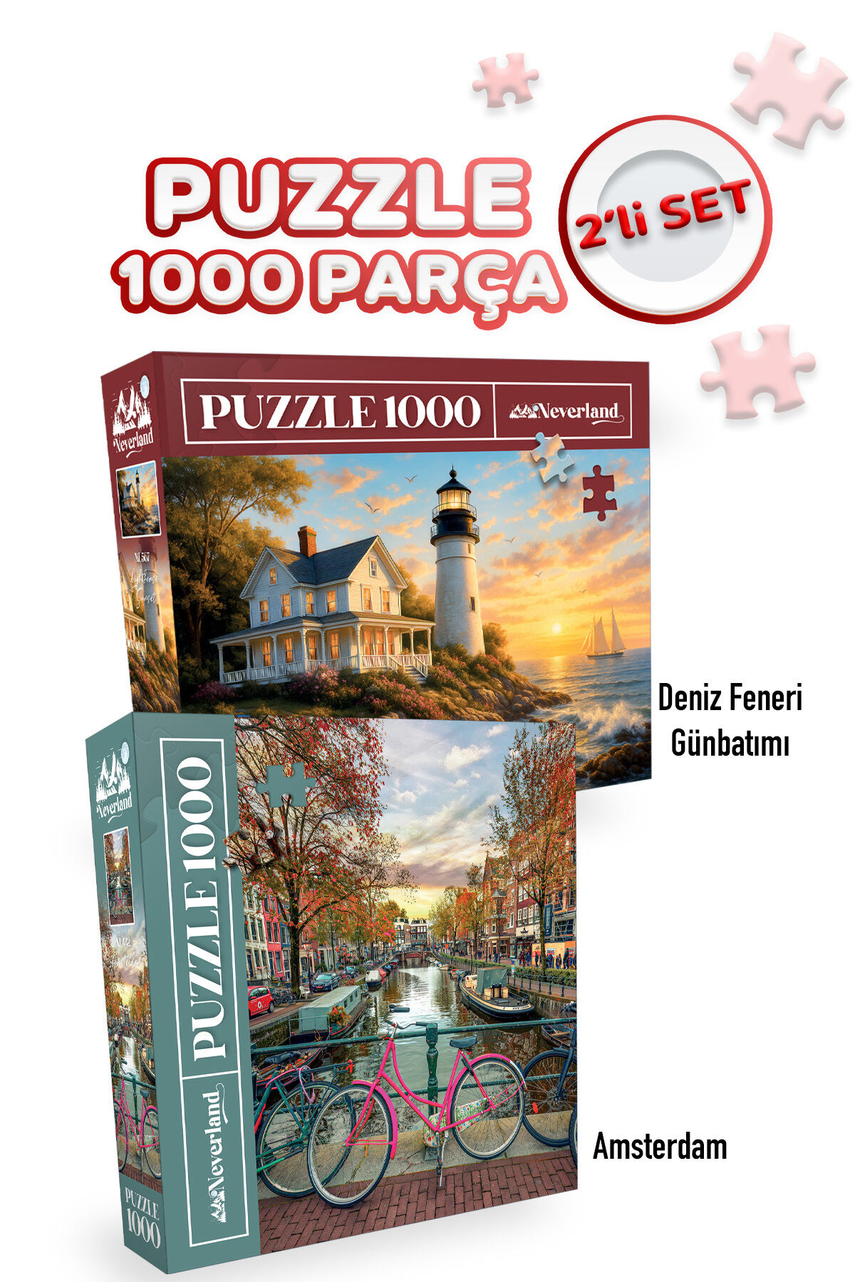 2 ADET 1000 PARÇA PUZZLE- AMSTERDAM VE DENİZ FENERİ GÜNBATIMI