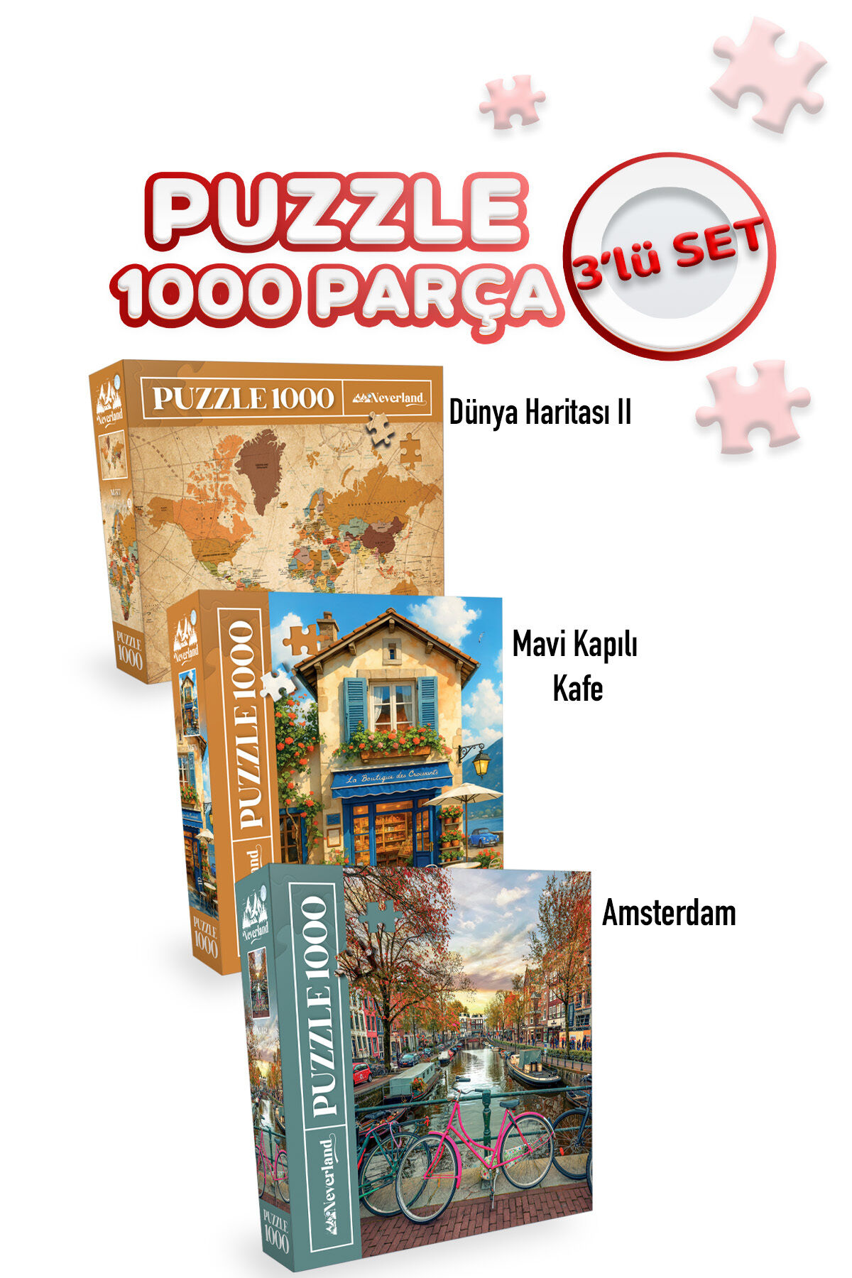 3 ADET 1000 PARÇA PUZZLE - AMSTERDAM VE MAVİ KAPILI KAFE VE DÜNYA HARİTASI-II