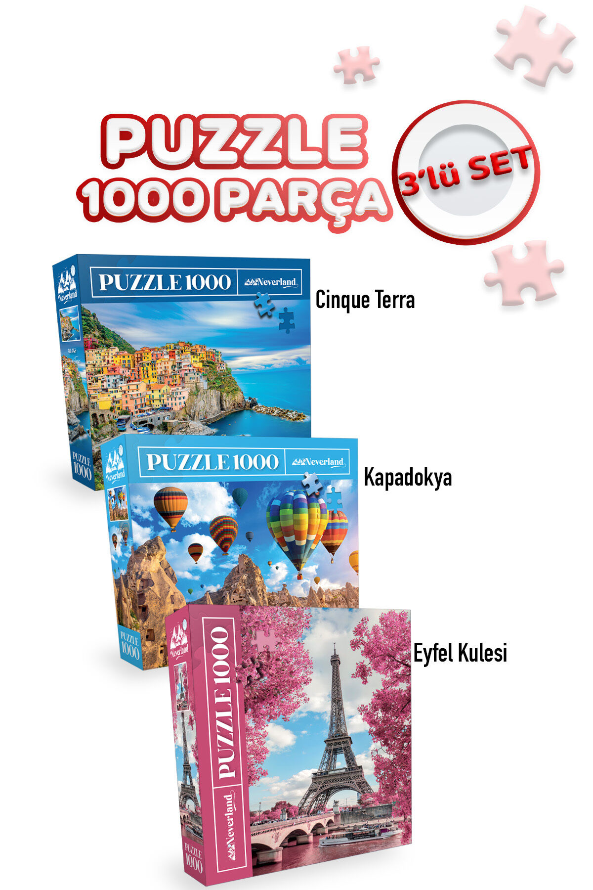 3 ADET 1000 PARÇA PUZZLE - CINQUE TERRE VE EYFEL KULESİ VE KAPADOKYA