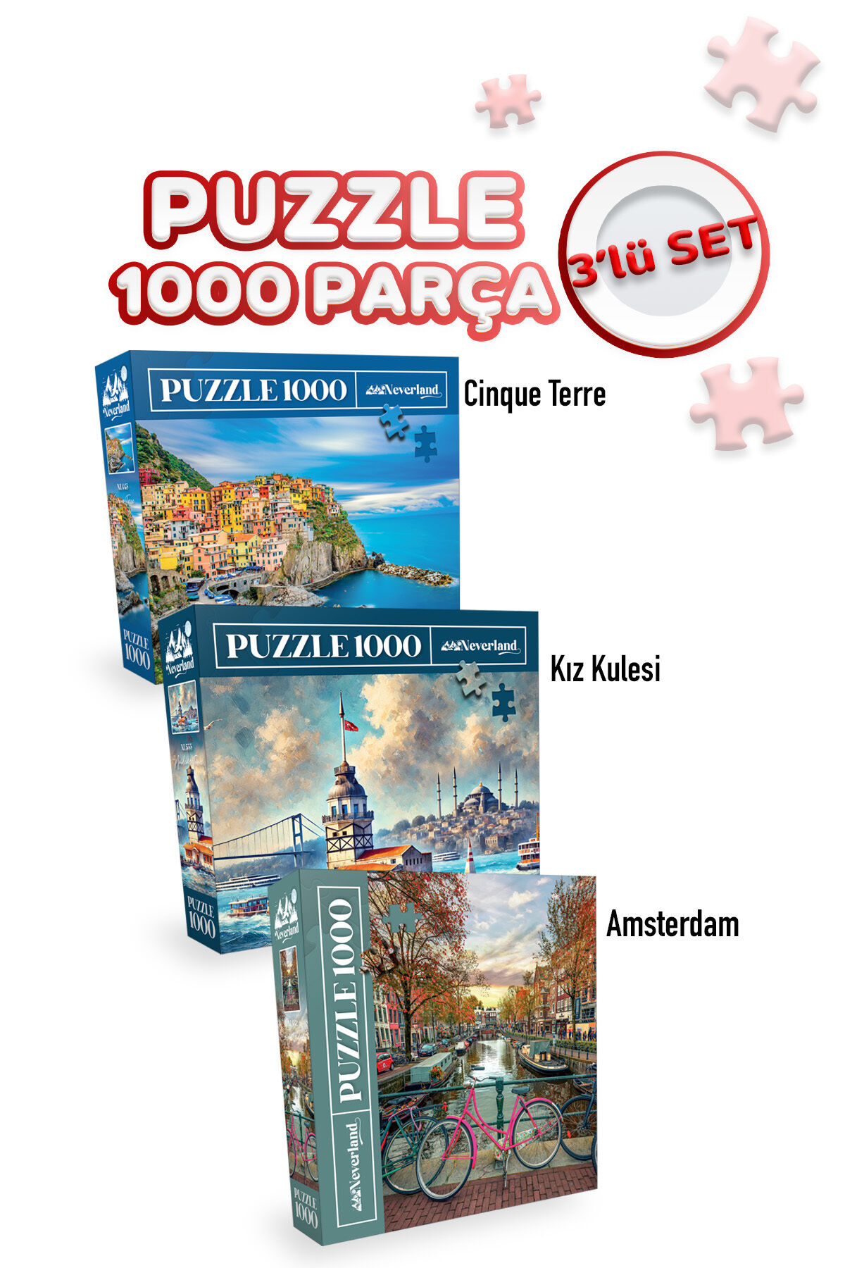3 ADET 1000 PARÇA PUZZLE - CINQUE TERRE VE KIZ KULESİ VE AMSTERDAM