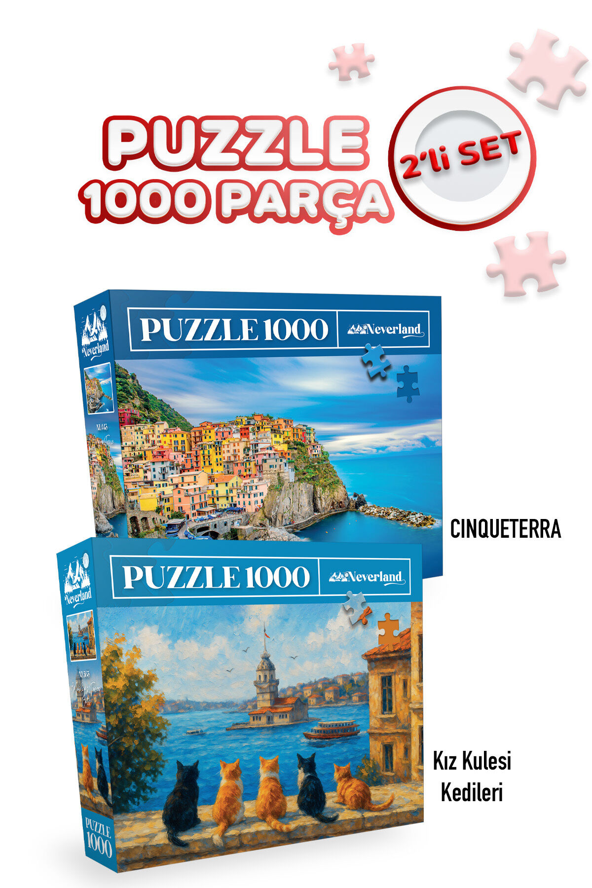 2 ADET 1000 PARÇA PUZZLE- CINQUE TERRE VE KIZ KULESİ KEDİLERİ