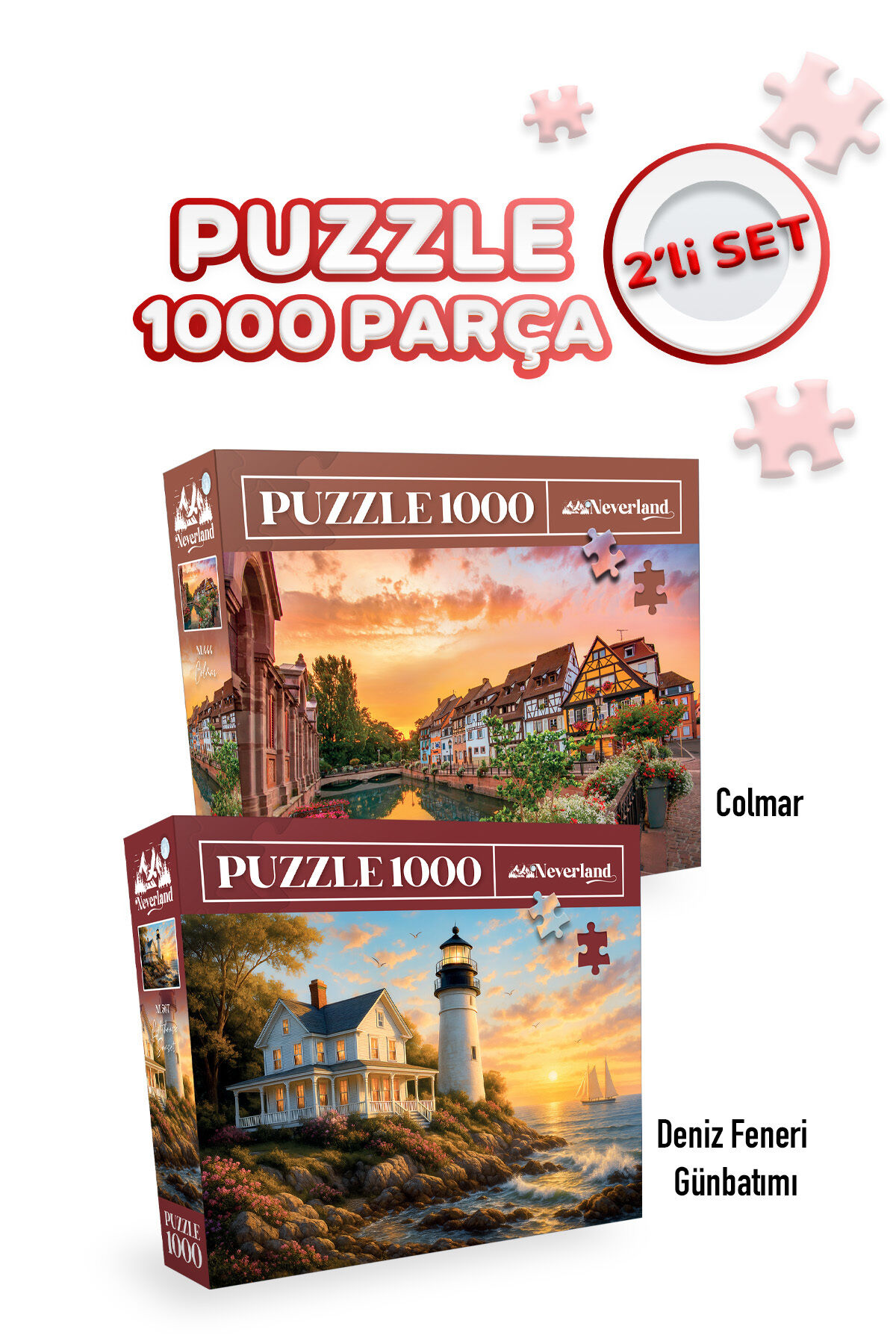 2 ADET 1000 PARÇA PUZZLE- COLMAR VE DENİZ FENERİ GÜNBATIMI