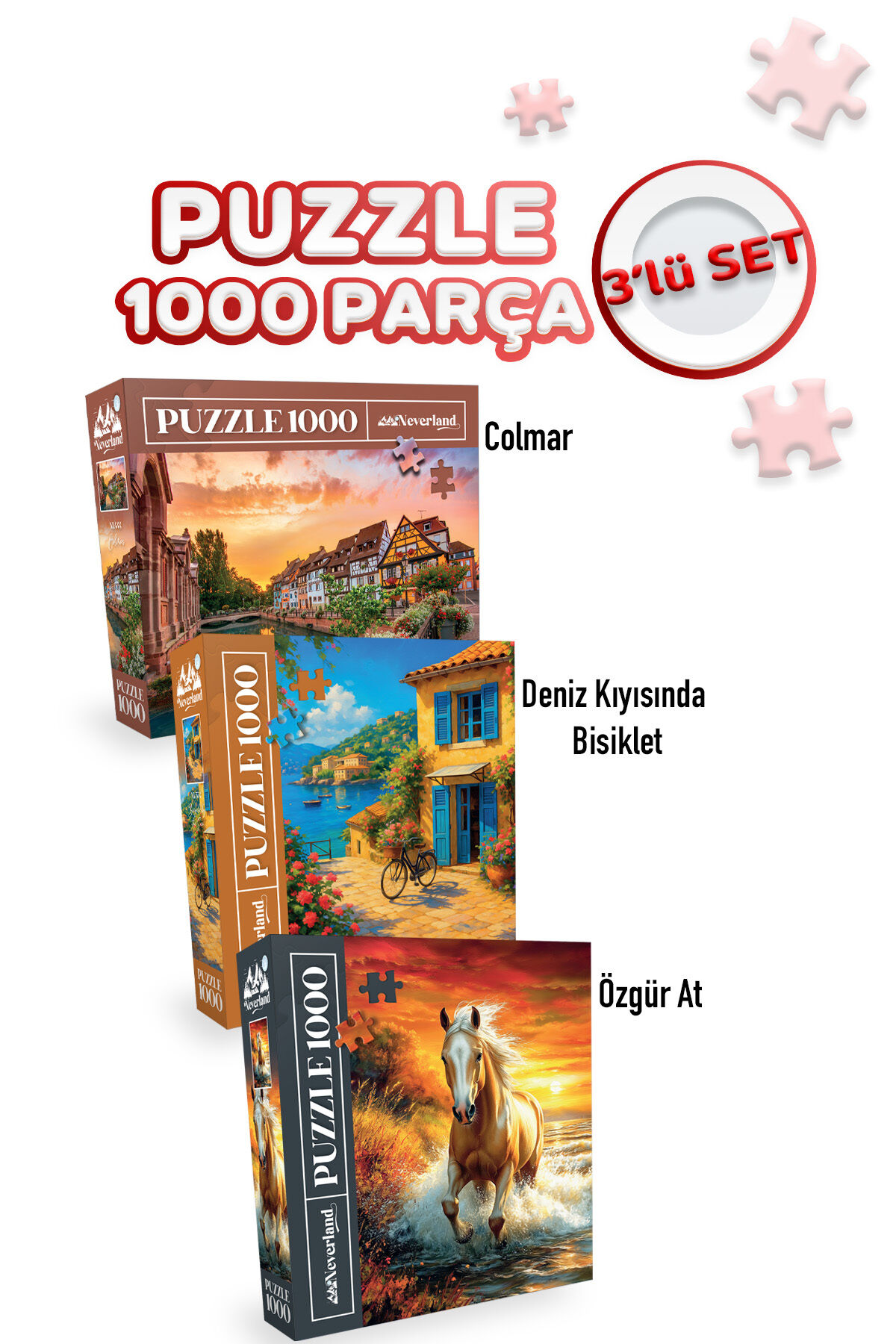 3 ADET 1000 PARÇA PUZZLE - COLMAR VE DENİZ KIYISINDA BİSİKLET VE ÖZGÜR AT
