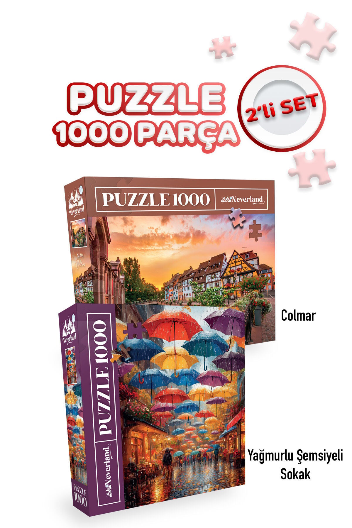 2 ADET 1000 PARÇA PUZZLE- COLMAR VE YAĞMURLU ŞEMSİYELİ SOKAK