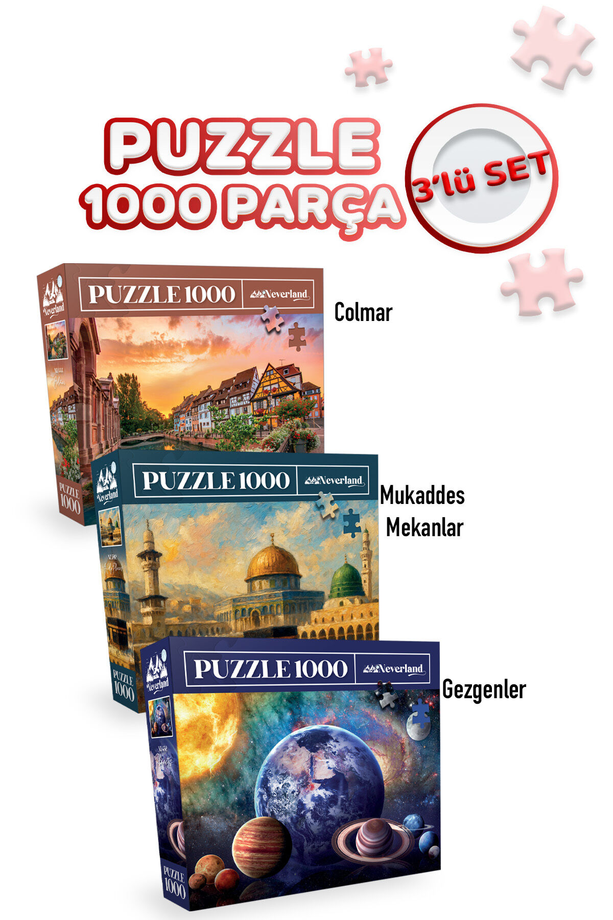 3 ADET 1000 PARÇA PUZZLE - COLMAR VE MUKADDES MEKANLAR VE GEZEGENLER