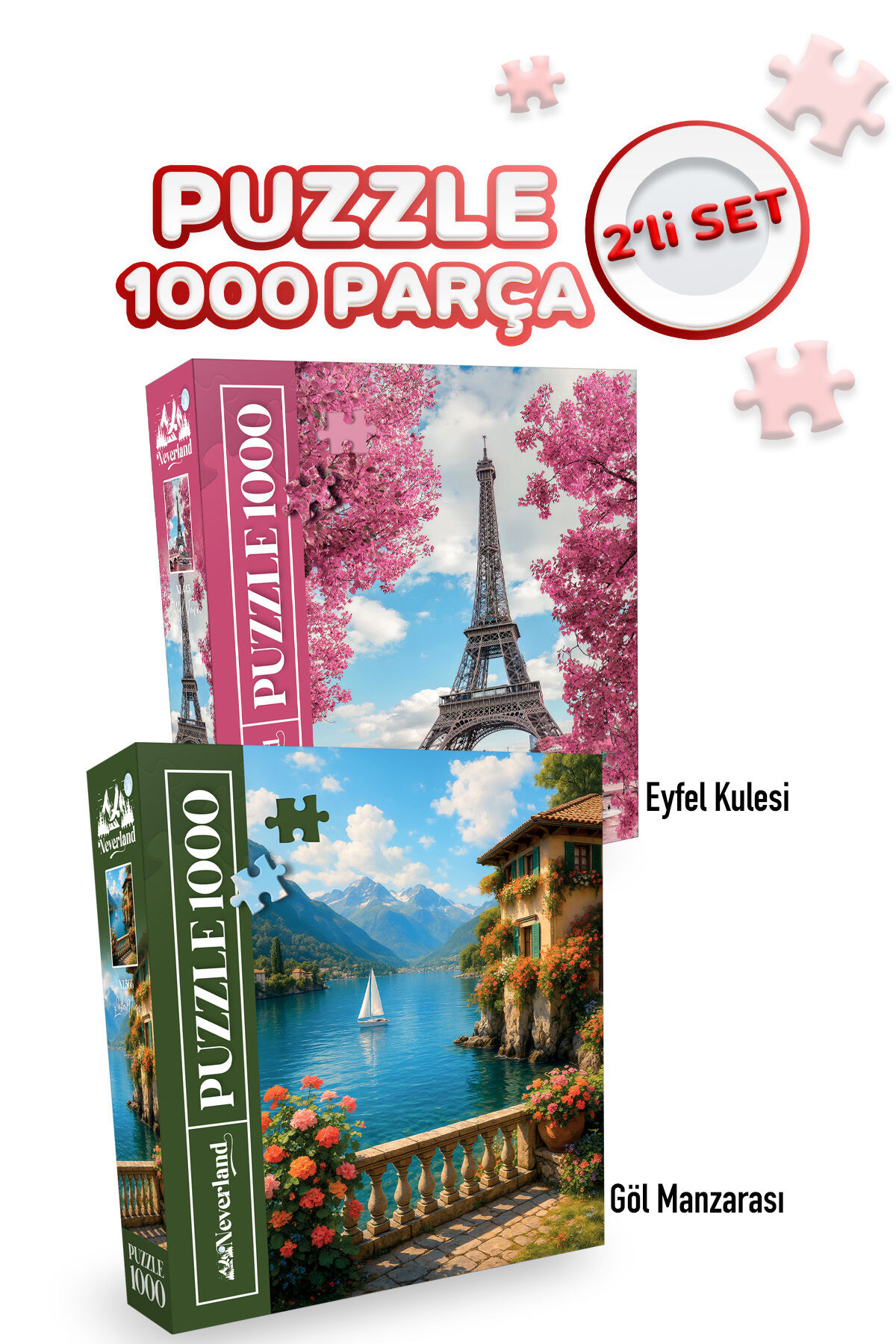 2 ADET 1000 PARÇA PUZZLE- EİFFEL KULESİ VE GÖL MANZARASI