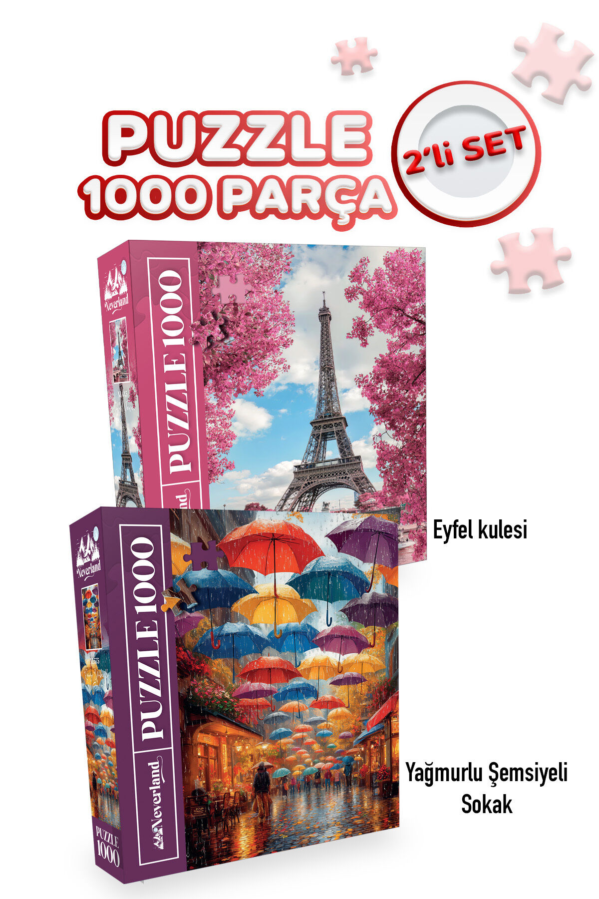 2 ADET 1000 PARÇA PUZZLE- EİFFEL KULESİ VE YAĞMURLU ŞEMSİYELİ SOKAK