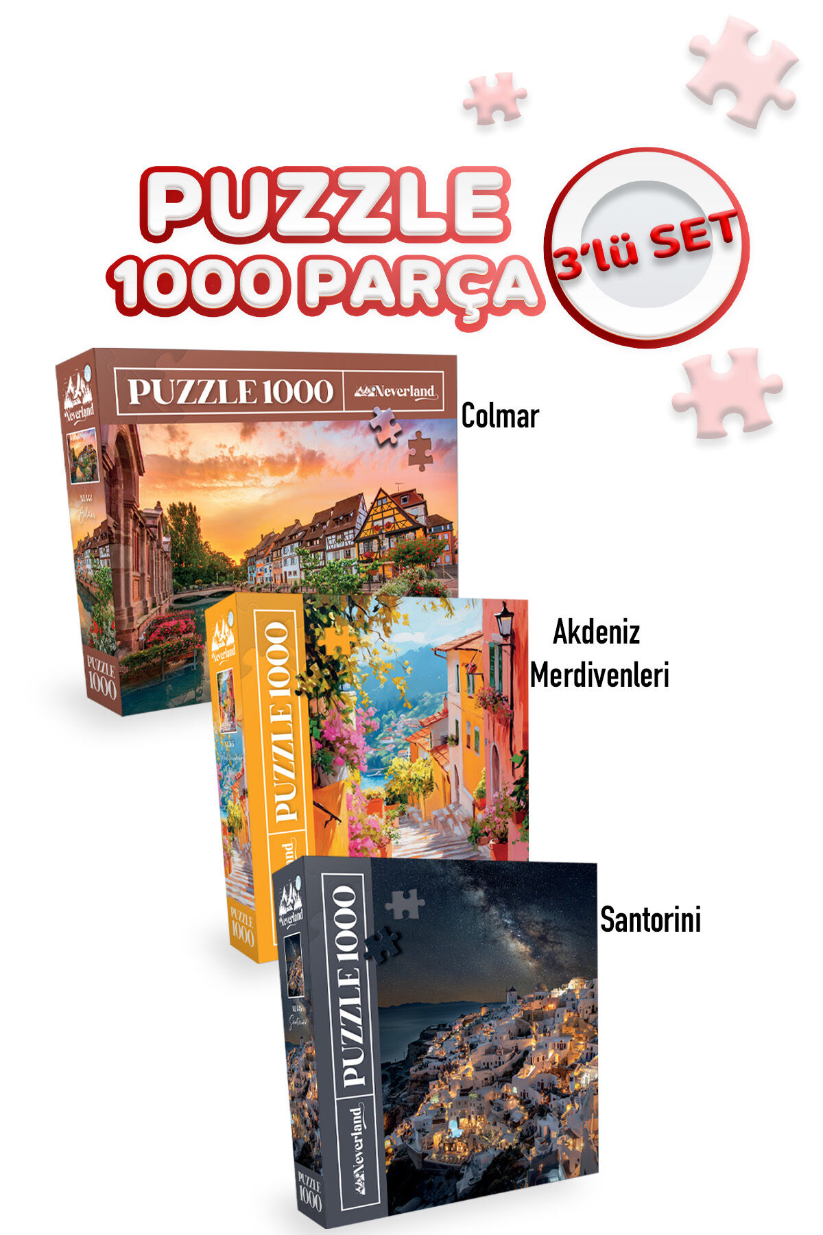 3 ADET 1000 PARÇA PUZZLE - SANTORINI VE COLMAR VE AKDENİZ MERDİVENLERİ