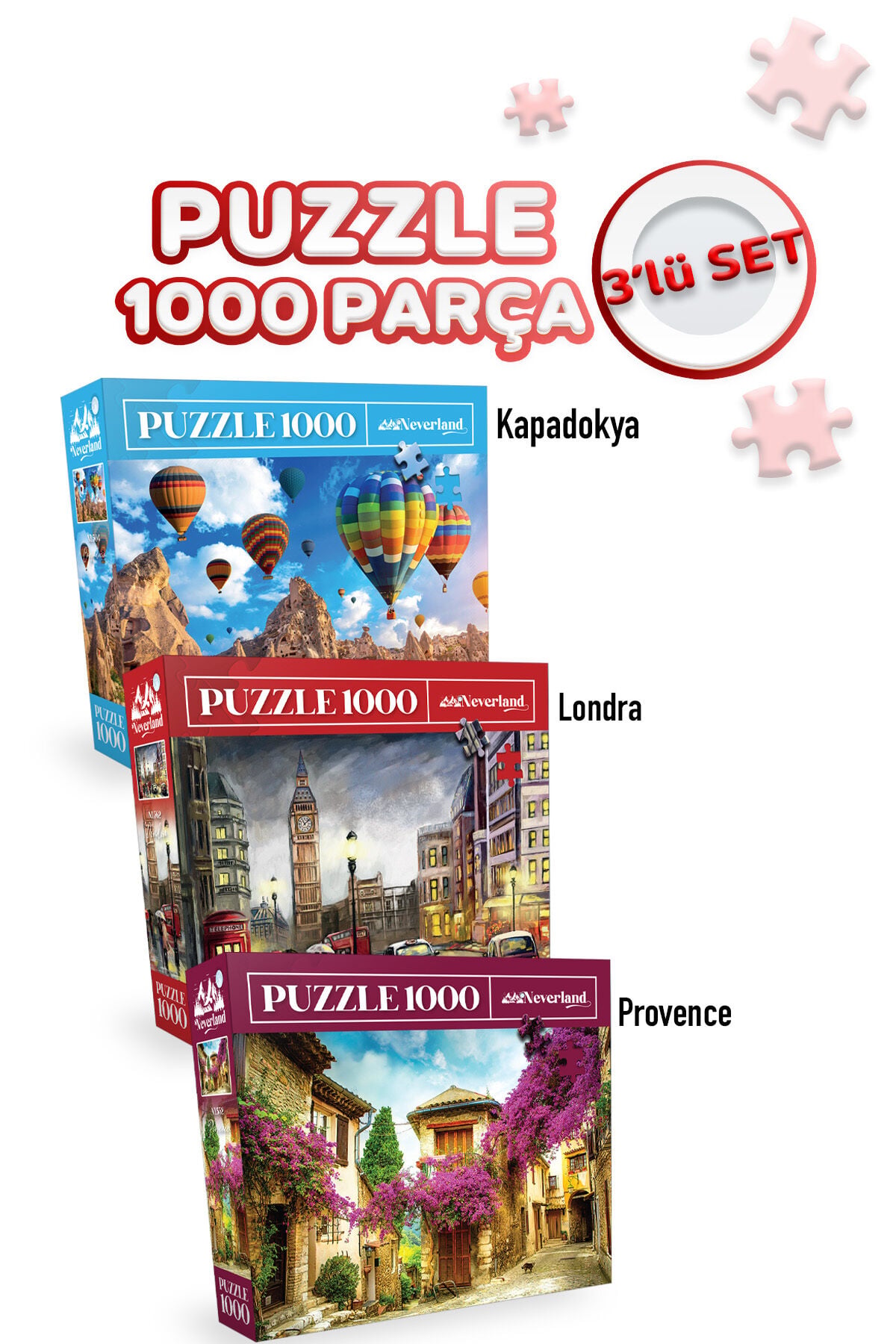 3 ADET 1000 PARÇA PUZZLE - KAPADOKYA VE LONDON VE PROVENCE
