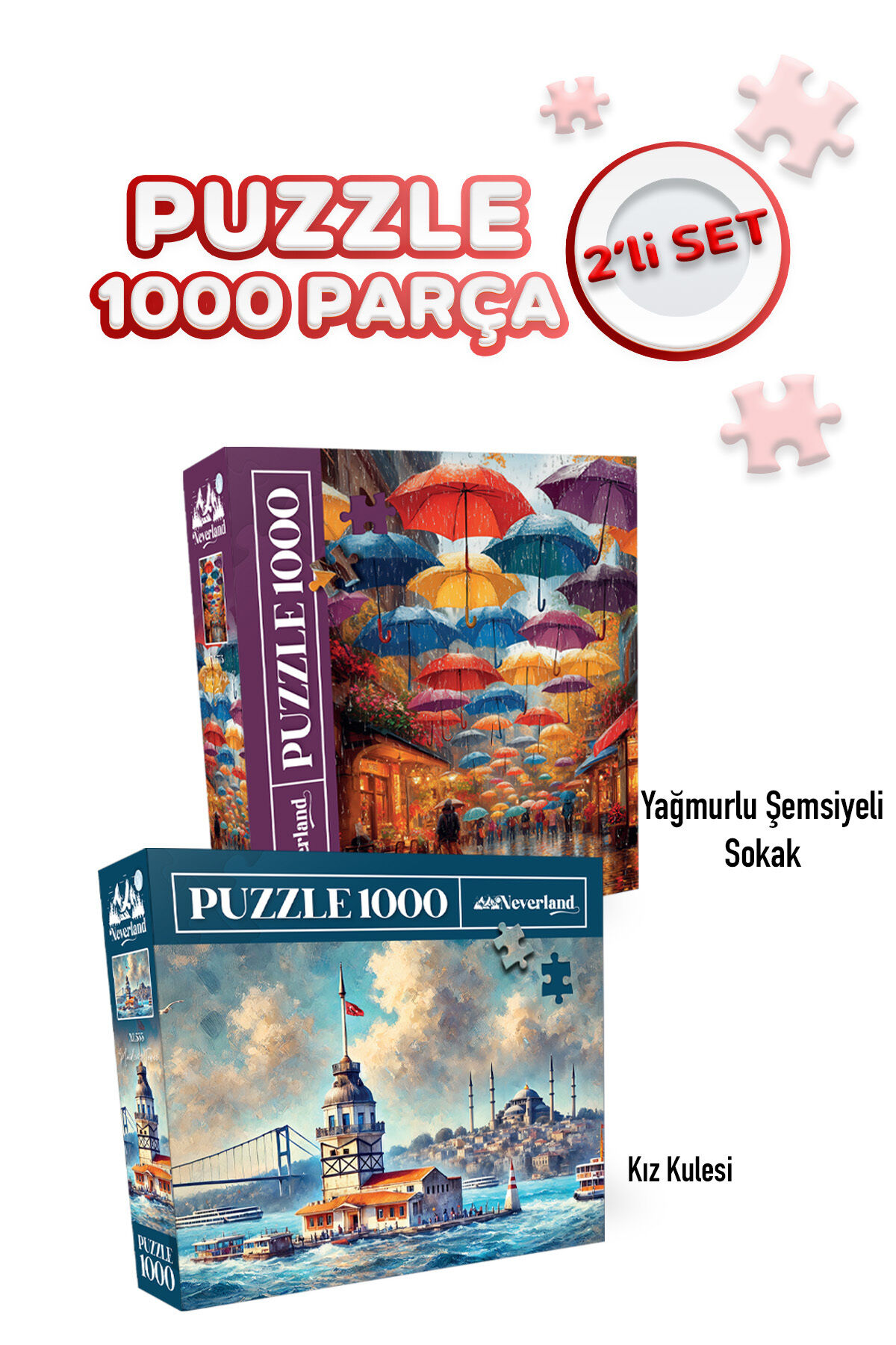 2 ADET 1000 PARÇA PUZZLE- KIZ KULESİ VE YAĞMURLU ŞEMSİYELİ SOKAK