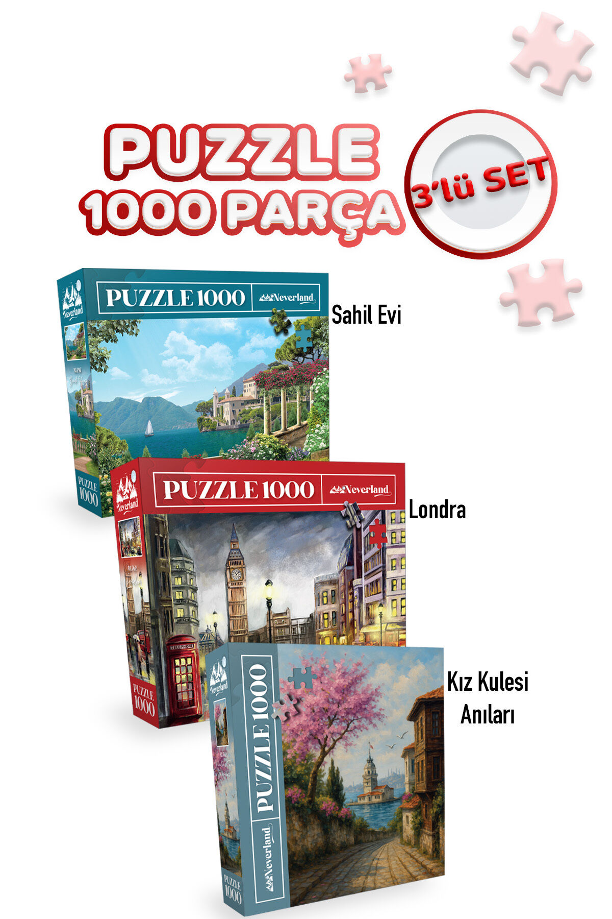 3 ADET 1000 PARÇA PUZZLE - KIZ KULESİ ANILARI VE LONDON VE SAHİL EVİ