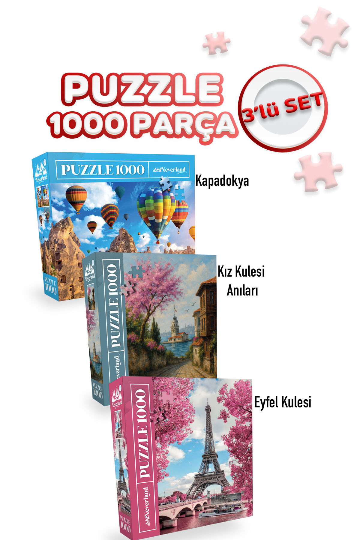 3 ADET 1000 PARÇA PUZZLE - KIZ KULESİ ANILARI VE EYFEL KULESİ VE KAPADOKYA