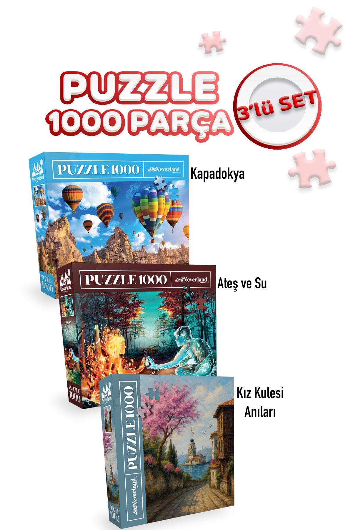 3 ADET 1000 PARÇA PUZZLE - KIZ KULESİ ANILARI VE KAPADOKYA VE ATEŞ VE SU