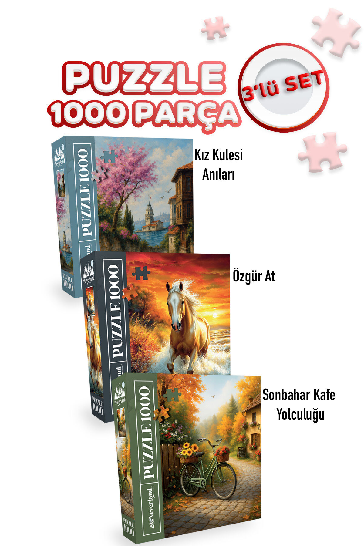 3 ADET 1000 PARÇA PUZZLE - KIZ KULESİ ANILARI VE ÖZGÜR AT VE SONBAHAR KAFE YOLCULUĞU