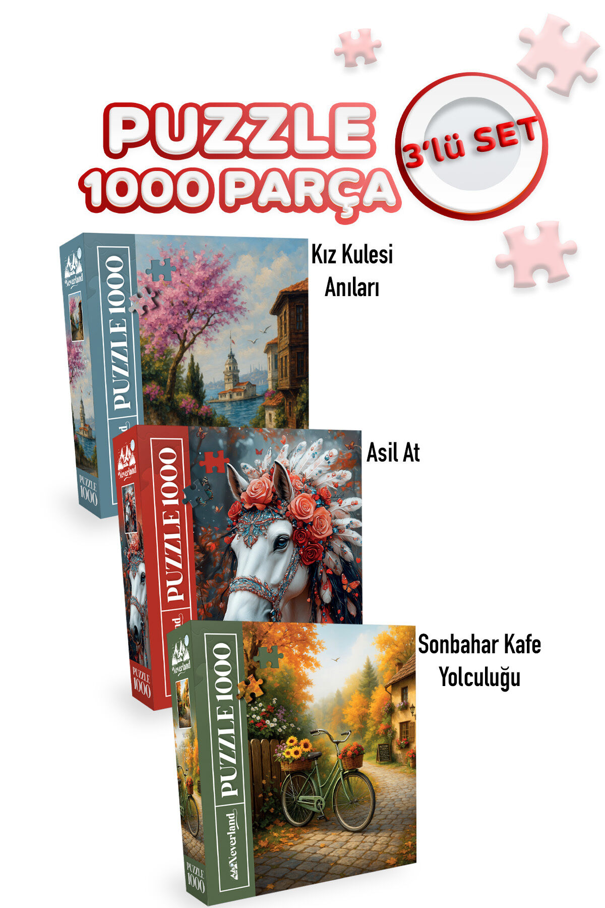 3 ADET 1000 PARÇA PUZZLE - KIZ KULESİ ANILARI VE ASİL AT VE SONBAHAR KAFE YOLCULUĞU