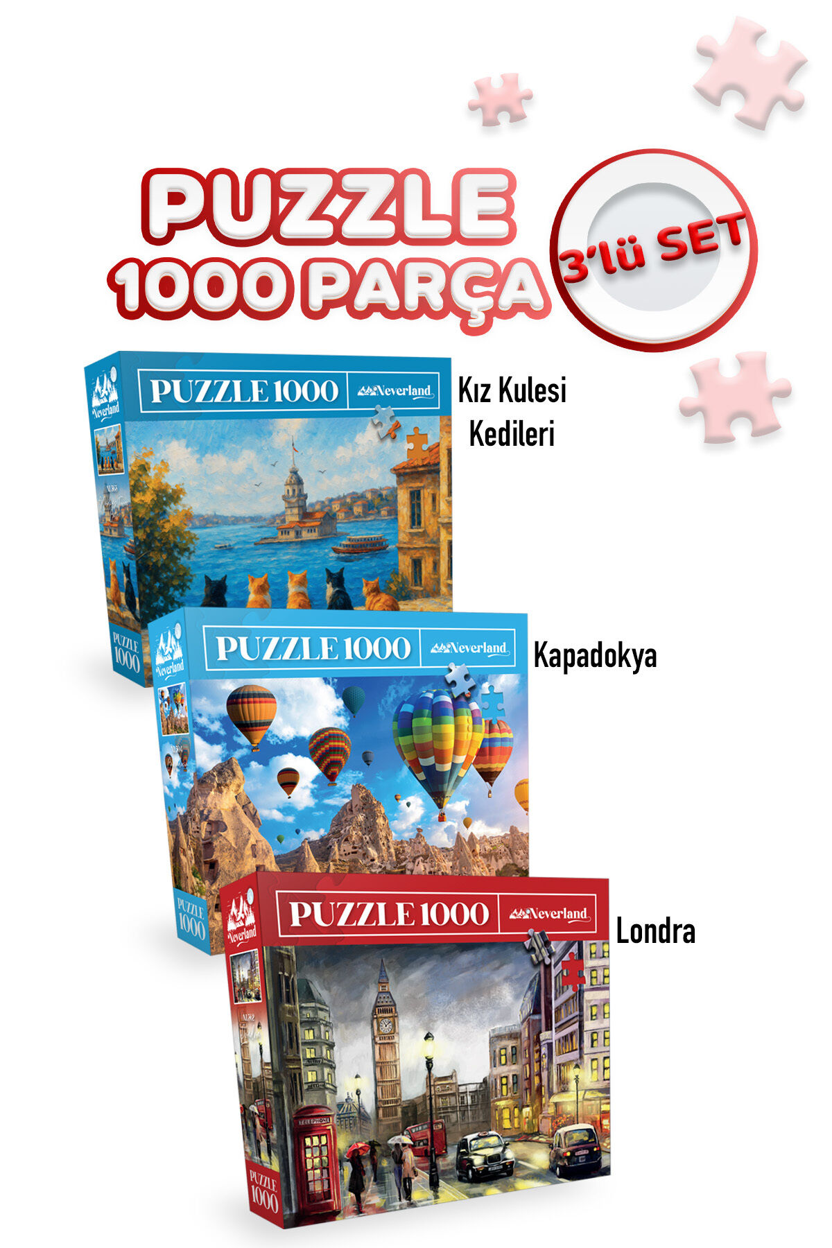 3 ADET 1000 PARÇA PUZZLE - KIZ KULESİ KEDİLERİ VE KAPADOKYA VE LONDON