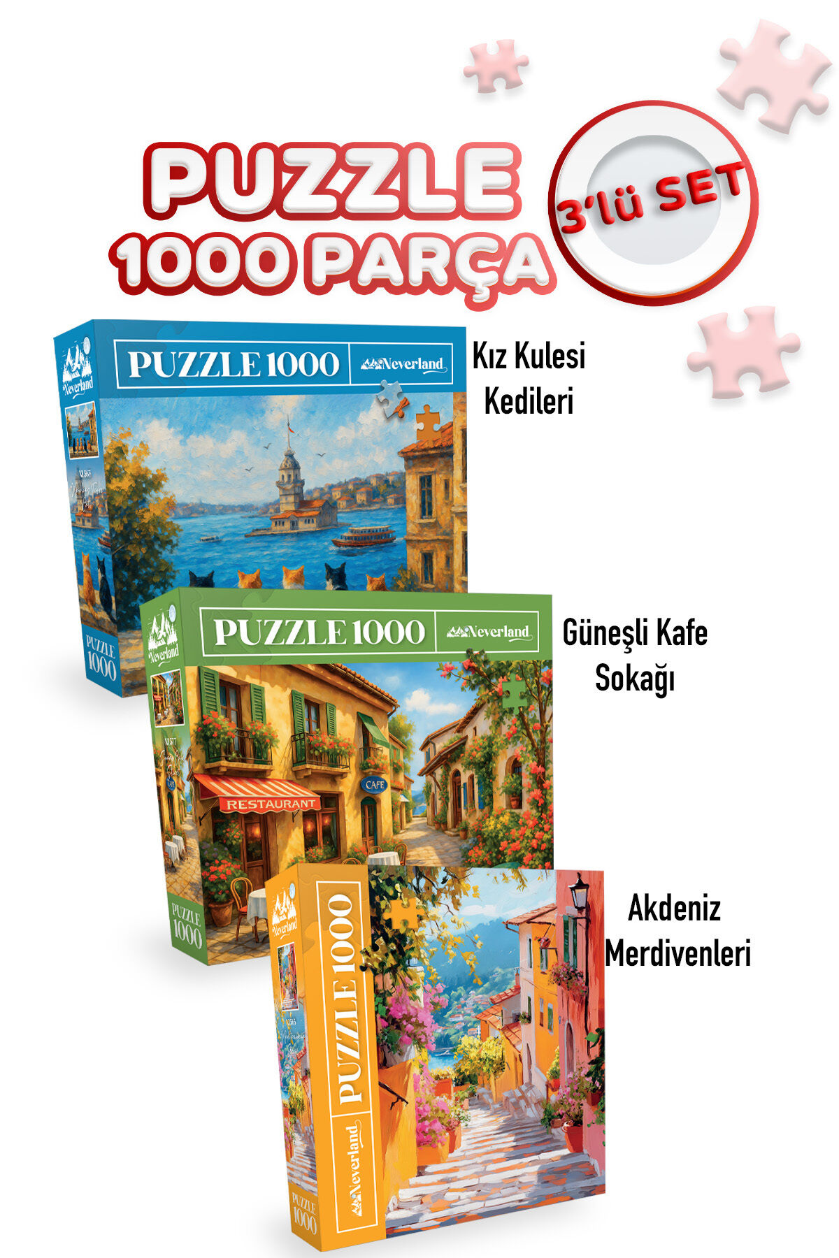 3 ADET 1000 PARÇA PUZZLE - KIZ KULESİ KEDİLERİ VE AKDENİZ MERDİVENLER VE GÜNEŞLİ KAFE SOKAĞI