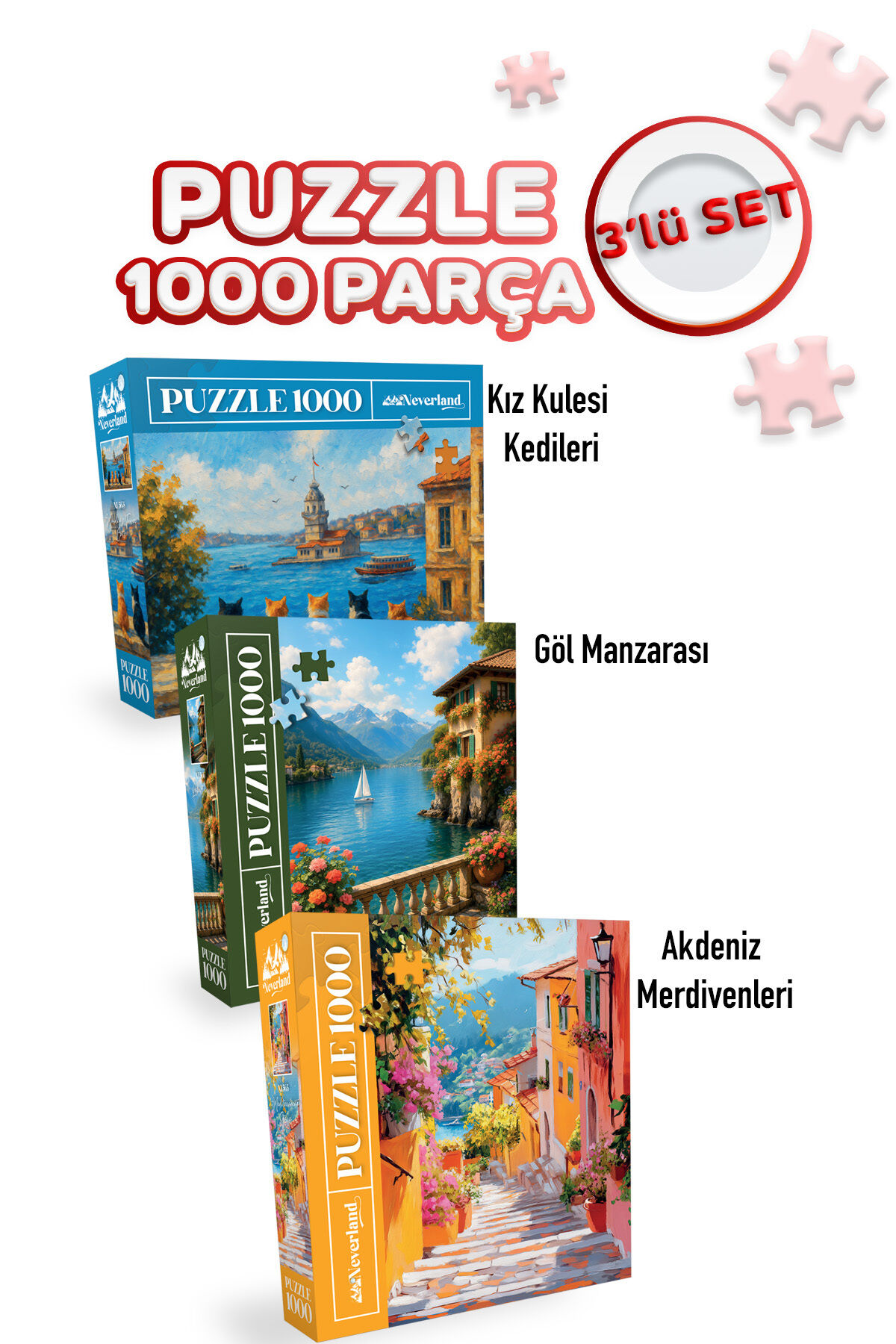 3 ADET 1000 PARÇA PUZZLE - KIZ KULESİ KEDİLERİ VE GÖL MANZARASI VE AKDENİZ MERDİVENLERİ