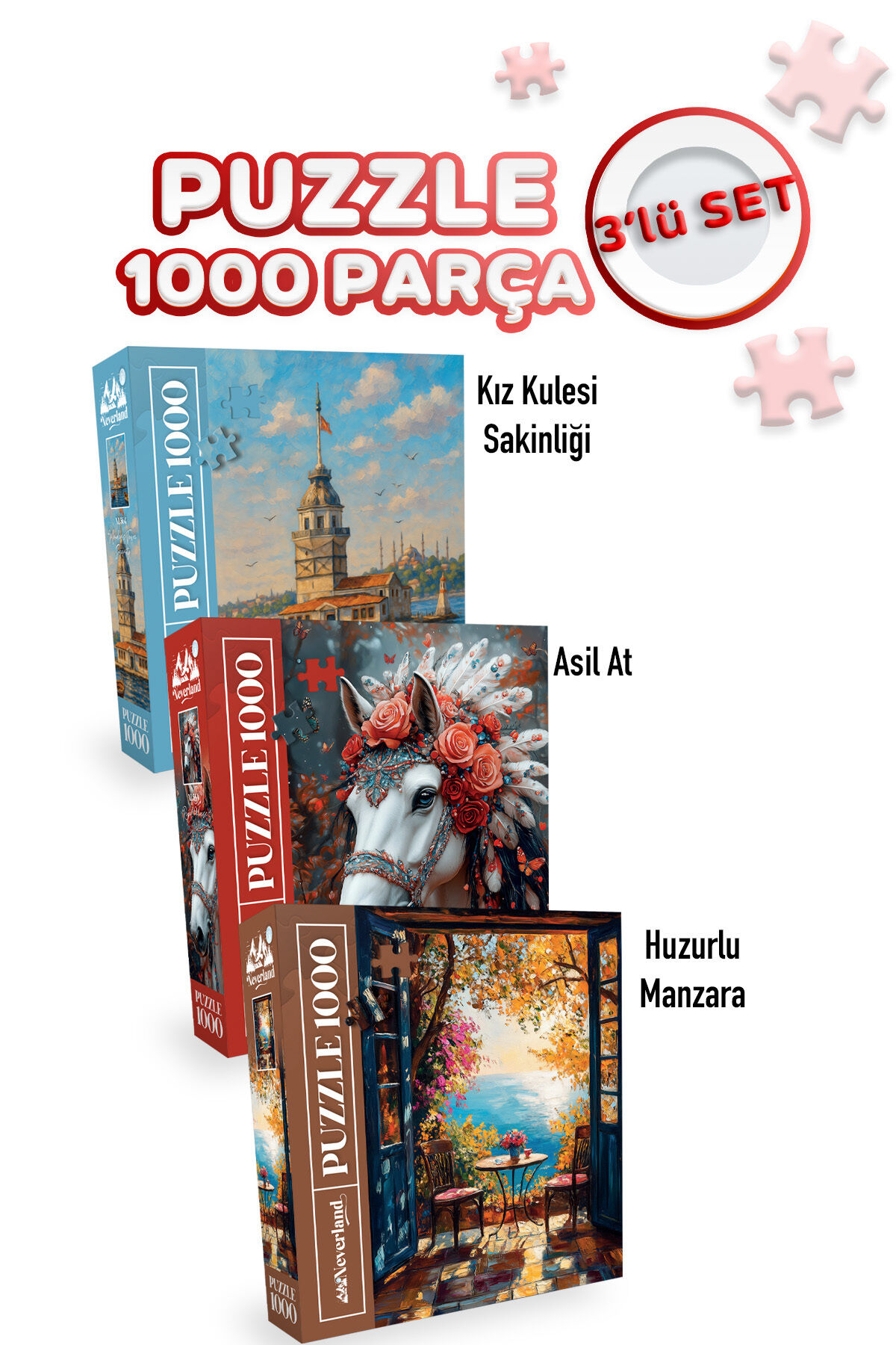 3 ADET 1000 PARÇA PUZZLE - KIZ KULESİ SAKİNLİĞİ VE ASİL AT VE HUZURLU MANZARA