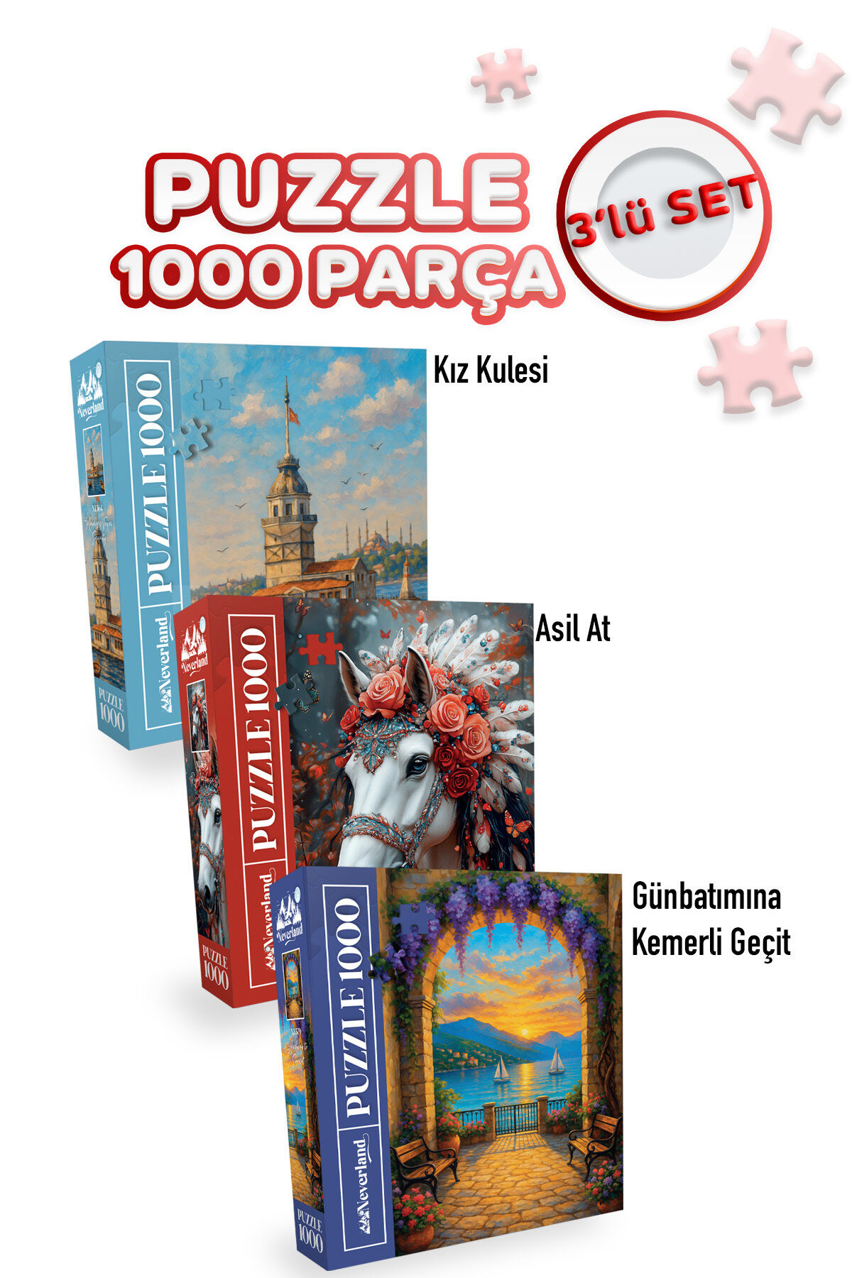 3 ADET 1000 PARÇA PUZZLE - KIZ KULESİ SAKİNLİĞİ VE ASİL AT VE GÜNBATIMINA KEMERLİ GEÇİT