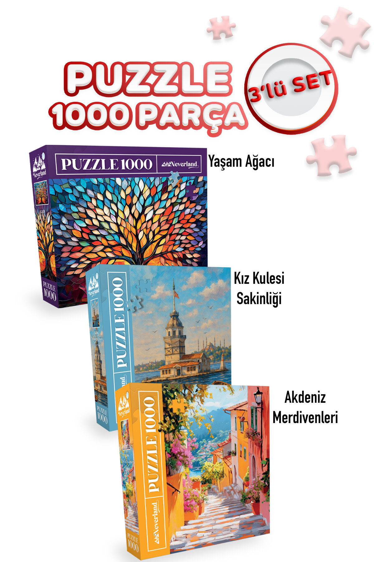 3 ADET 1000 PARÇA PUZZLE - KIZ KULESİ SAKİNLİĞİ VE YAŞAM AĞACI VE AKDENİZ MERDİVENLERİ
