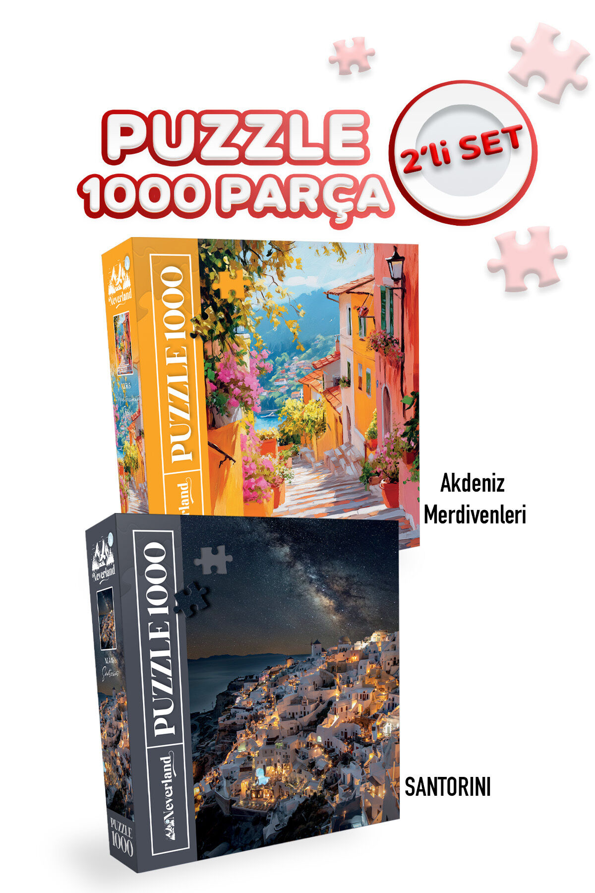 2 ADET 1000 PARÇA PUZZLE- AKDENİZ MERDİVENLERİ VE SANTORINI