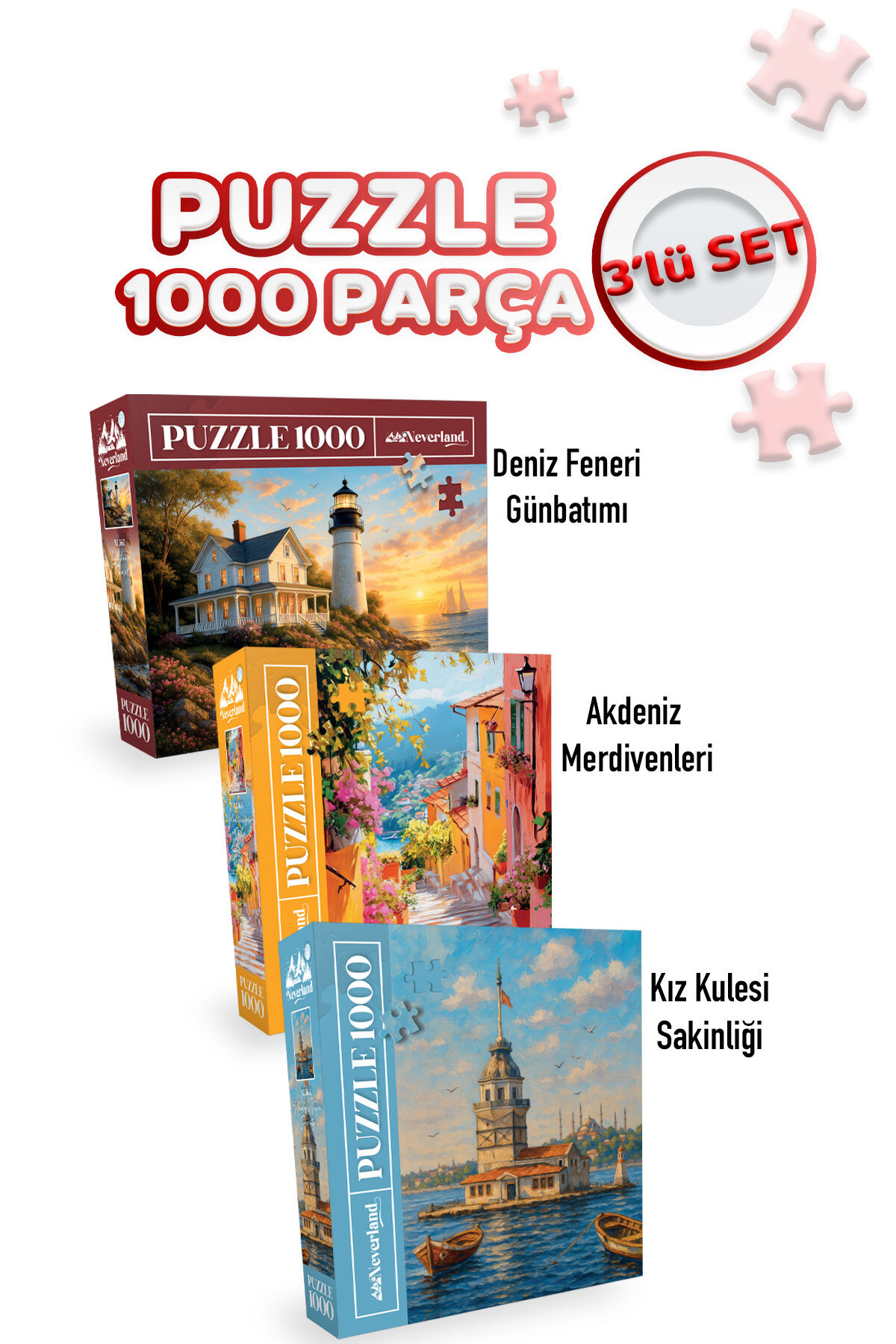 3 ADET 1000 PARÇA PUZZLE - AKDENİZ MERDİVENLERİ VE KIZ KULESİ SAKİNLİĞİ VE DENİZ FENERİ GÜNBATIMI
