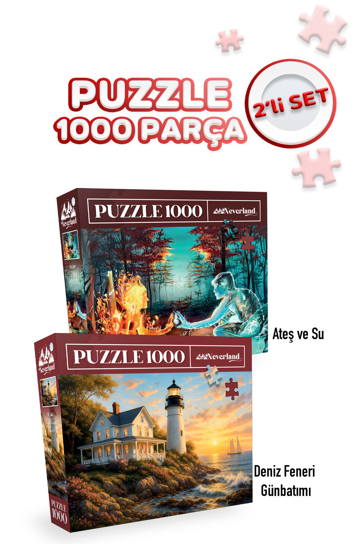 2 ADET 1000 PARÇA PUZZLE- DENİZ FENERİ GÜNBATIMI VE ATEŞ VE SU