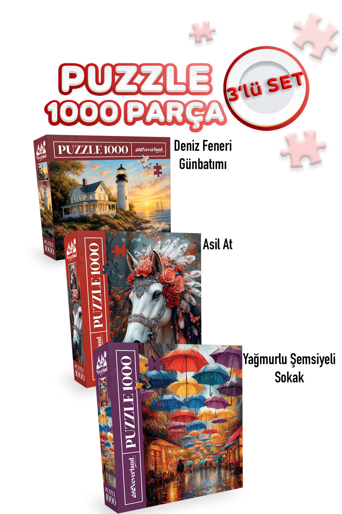 3 ADET 1000 PARÇA PUZZLE - DENİZ FENERİ GÜNBATIMI VE YAĞMURLU ŞEMSİYELİ SOKAK VE ASİL AT