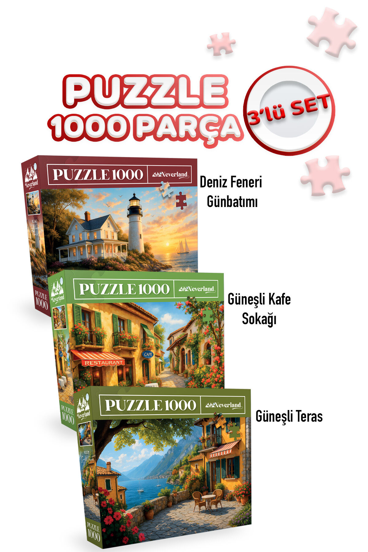 3 ADET 1000 PARÇA PUZZLE - DENİZ FENERİ GÜNBATIMI VE GÜNEŞLİ KAFE SOKAĞI VE GÜNEŞLİ TERAS