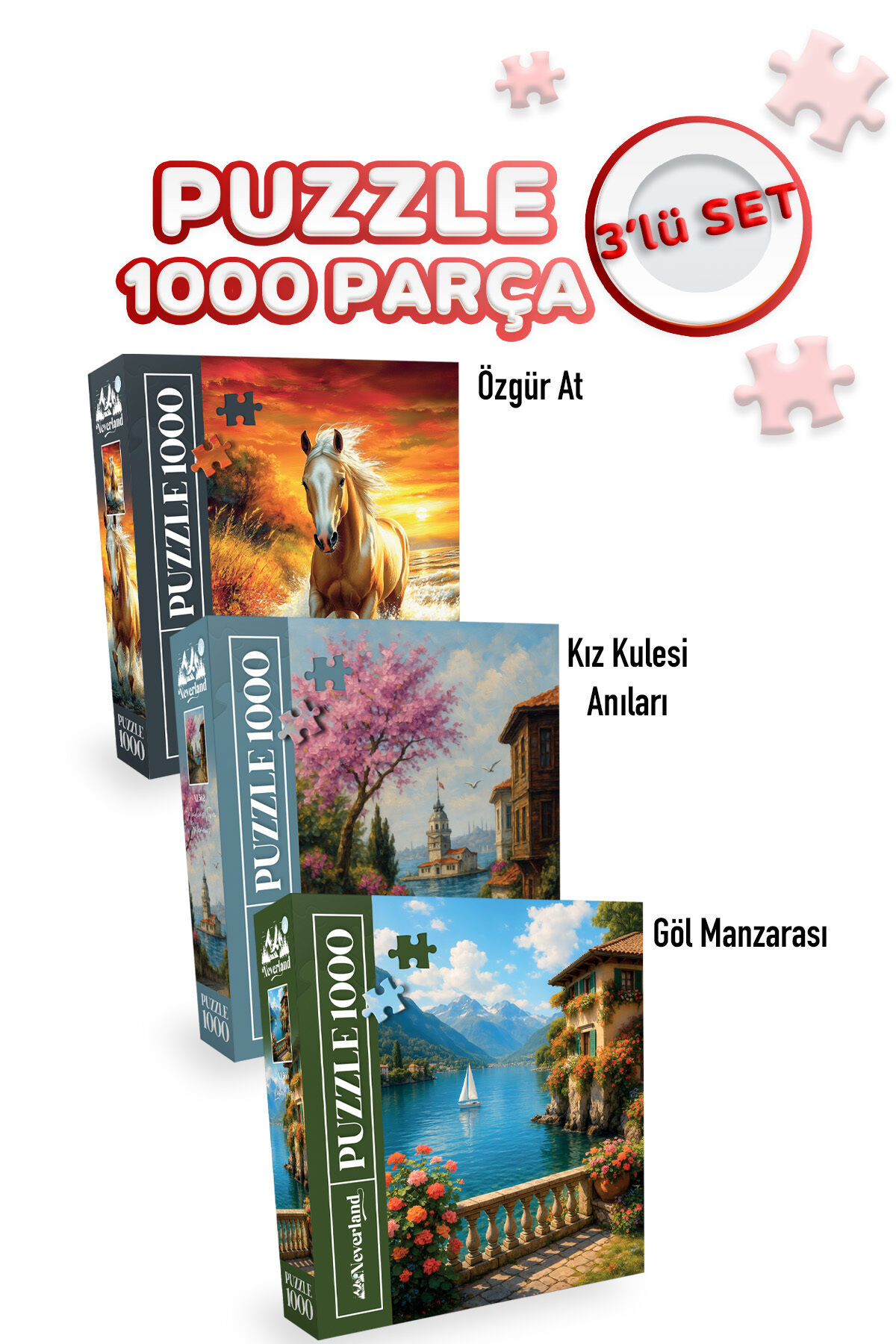 3 ADET 1000 PARÇA PUZZLE - ÖZGÜR AT VE KIZ KULESİ ANILARI VE GÖL MANZARASI