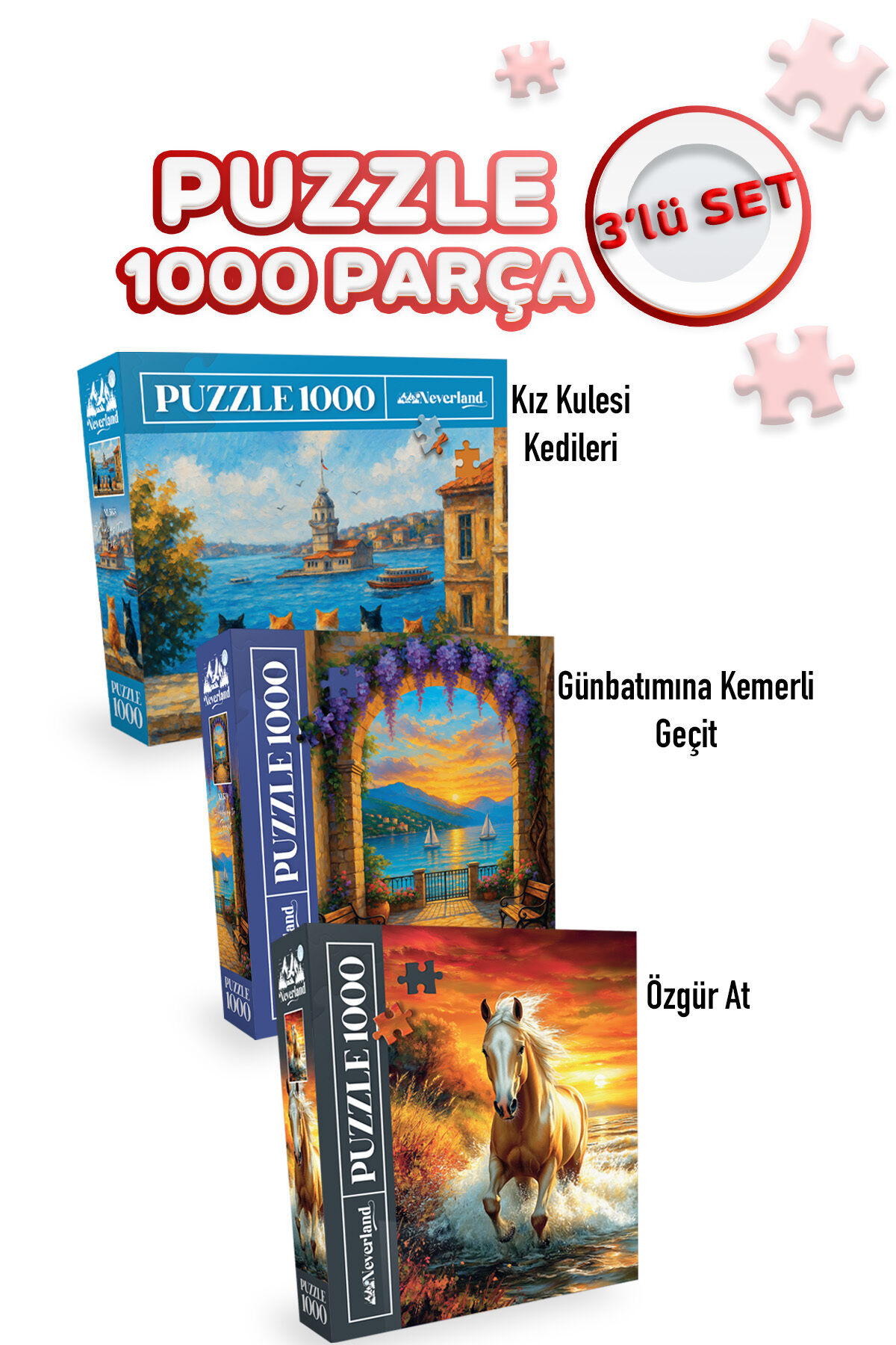 3 ADET 1000 PARÇA PUZZLE - ÖZGÜR AT VE KIZ KULESİ KEDİLERİ VE GÜNBATIMINA KEMERLİ GEÇİT